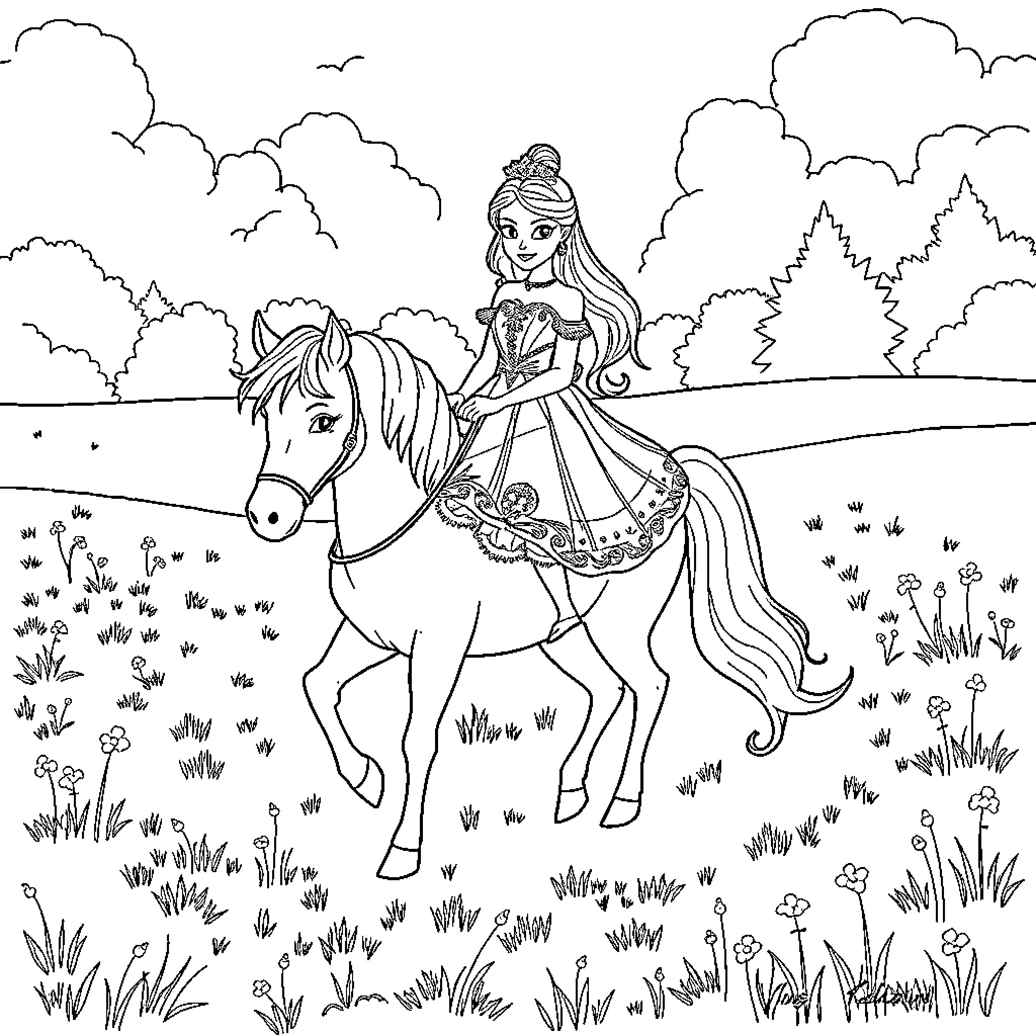 Princess riding a horse through a flowery meadow Coloring Page (free black-and-white line drawing printable PDF for all, from beginners to advanced learners, including children, teens, adults, and seniors)