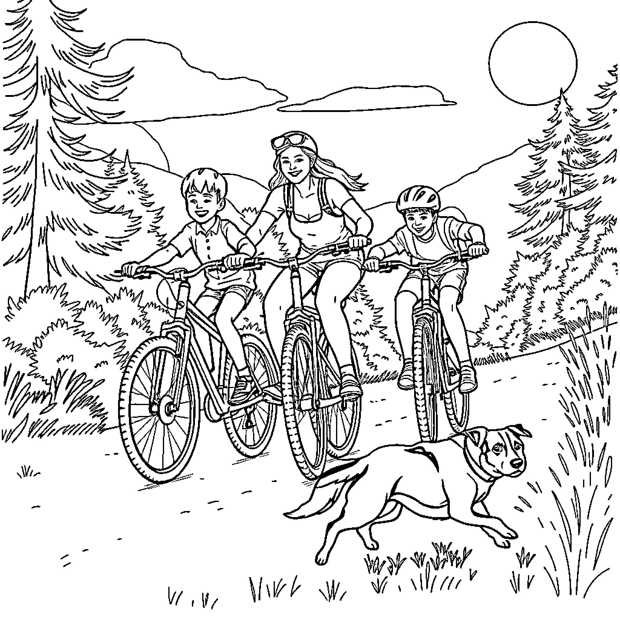 Family Bicycling Adventure in the Outdoors Coloring Page (free black-and-white line drawing printable PDF for all, from beginners to advanced learners, including children, teens, adults, and seniors)