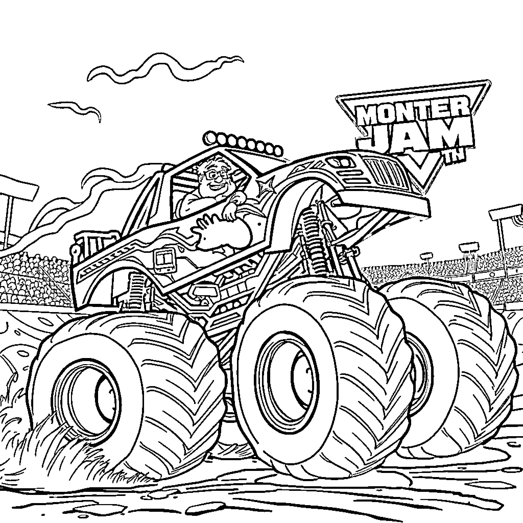 Maximus' Monster Jam Adventure Coloring Page (free black-and-white line drawing printable PDF for all, from beginners to advanced learners, including children, teens, adults, and seniors)