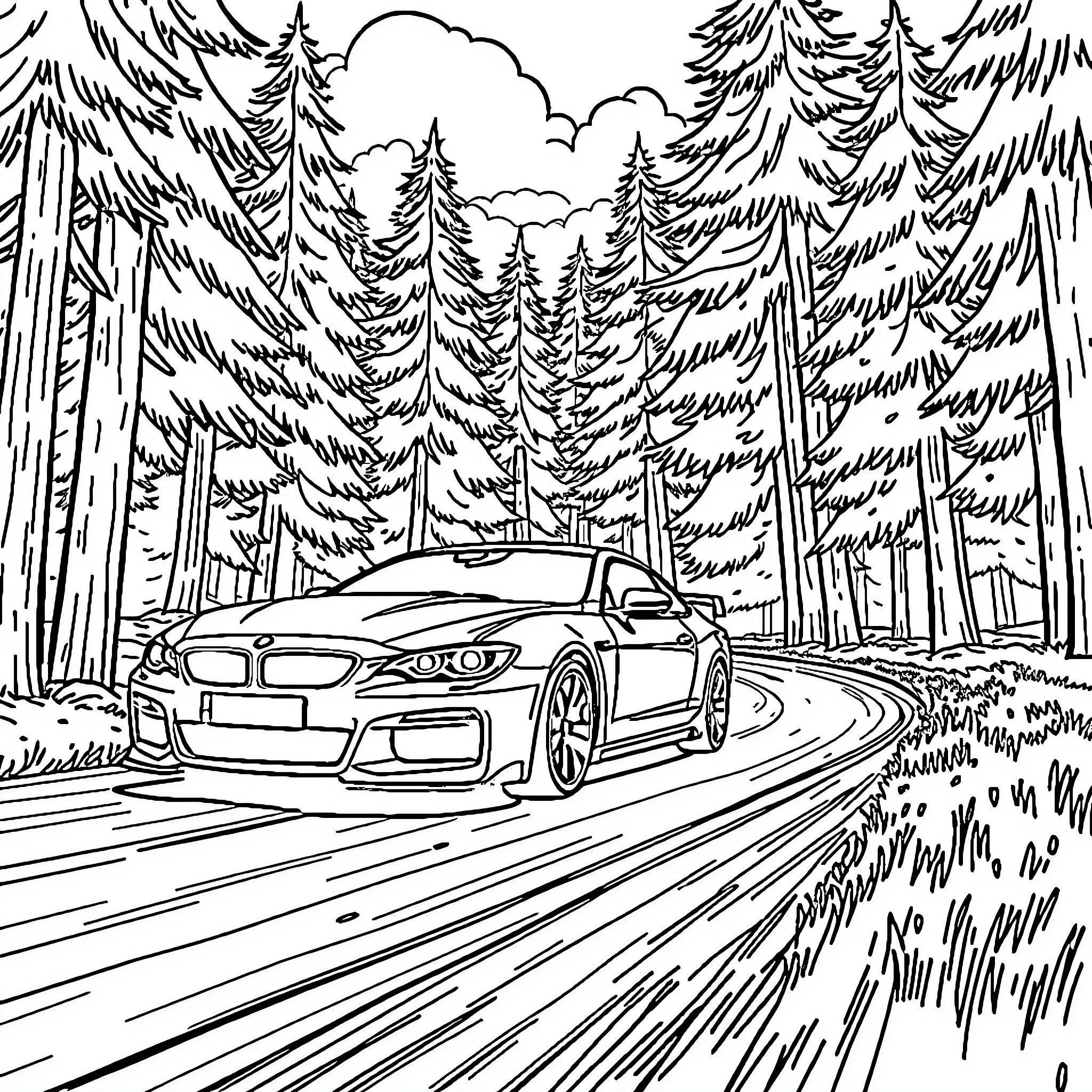 Car speeding through the forest Coloring Page (free black-and-white line drawing printable PDF for all, from beginners to advanced learners, including children, teens, adults, and seniors)