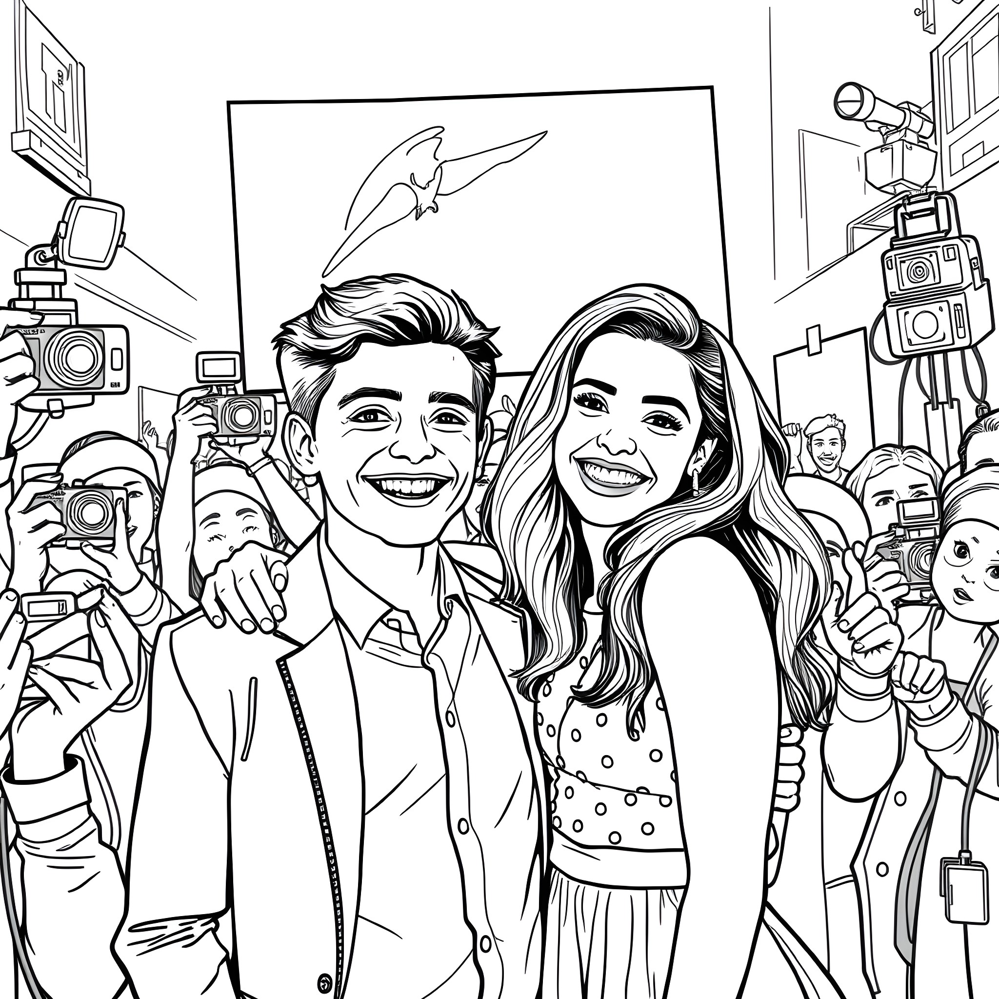 Tom Holland and Zendaya posing at a movie premiere Coloring Page (free black-and-white line drawing printable PDF for all, from beginners to advanced learners, including children, teens, adults, and seniors)