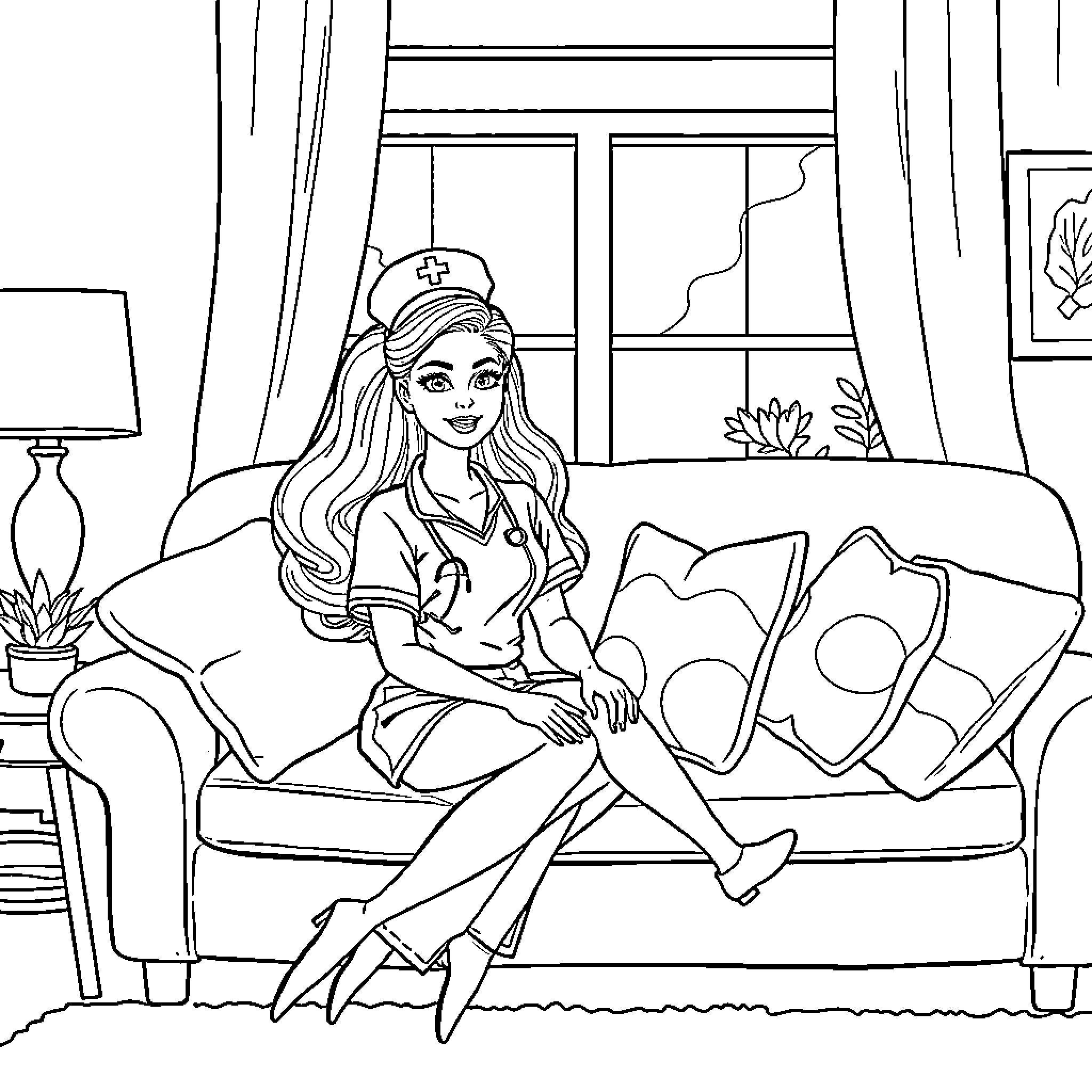 Nurse Barbie relaxing at home after a long day Coloring Page (free black-and-white line drawing printable PDF for all, from beginners to advanced learners, including children, teens, adults, and seniors)