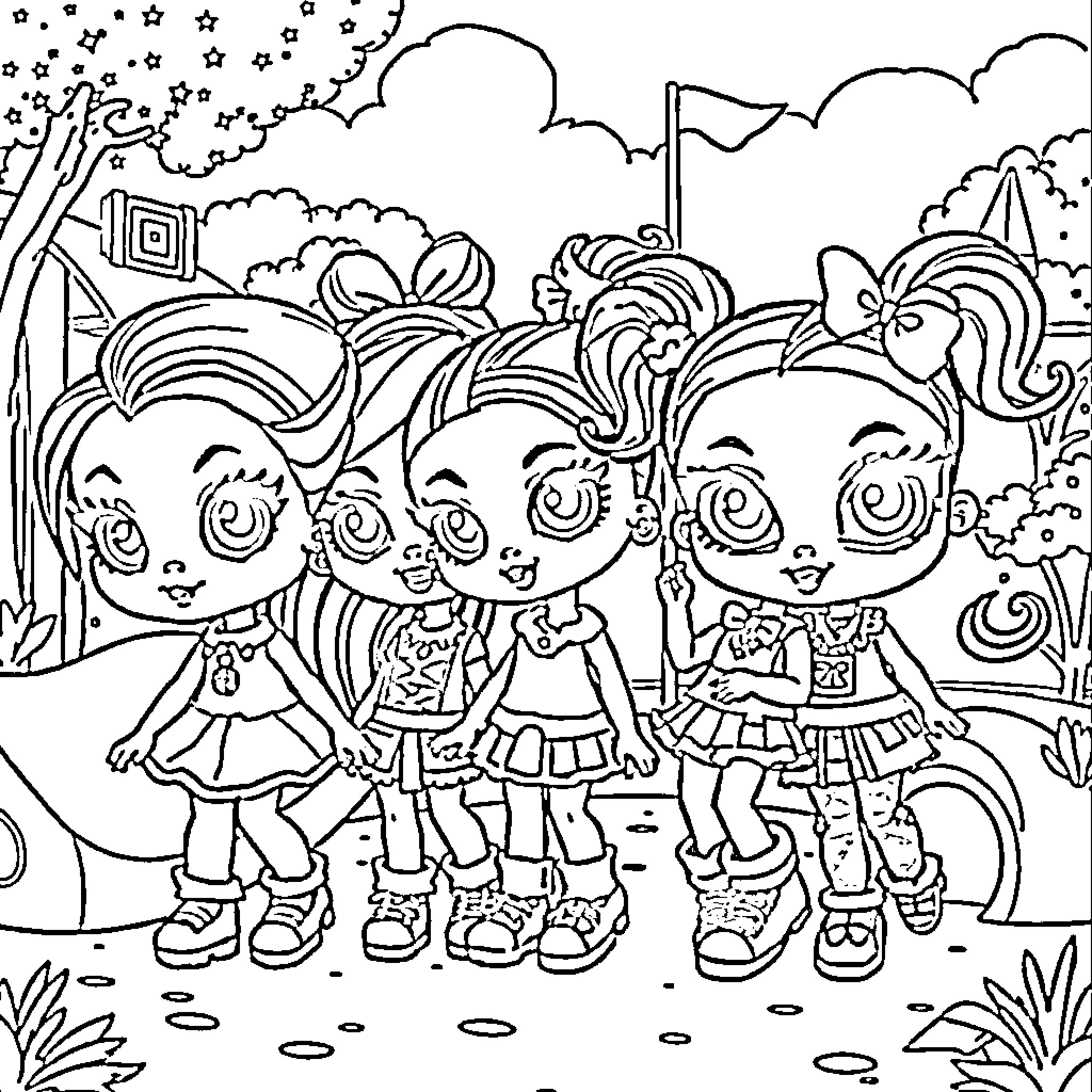 Bratz girls having fun in their colorful outfits Coloring Page (free black-and-white line drawing printable PDF for all, from beginners to advanced learners, including children, teens, adults, and seniors)