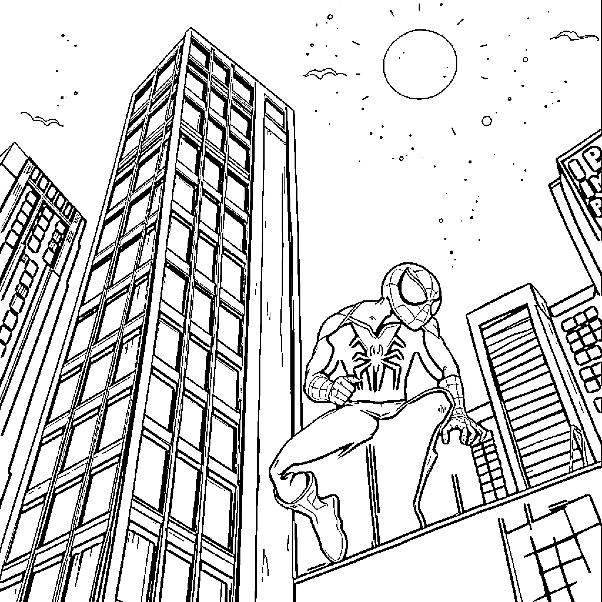 Spiderman scaling skyscrapers in the city Coloring Page (free black-and-white line drawing printable PDF for all, from beginners to advanced learners, including children, teens, adults, and seniors)