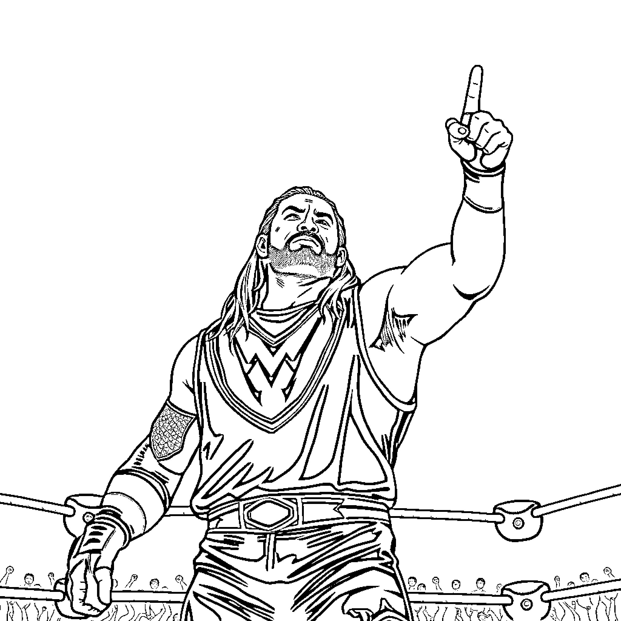 Roman Reigns stands triumphantly in the wrestling ring Coloring Page (free black-and-white line drawing printable PDF for all, from beginners to advanced learners, including children, teens, adults, and seniors)