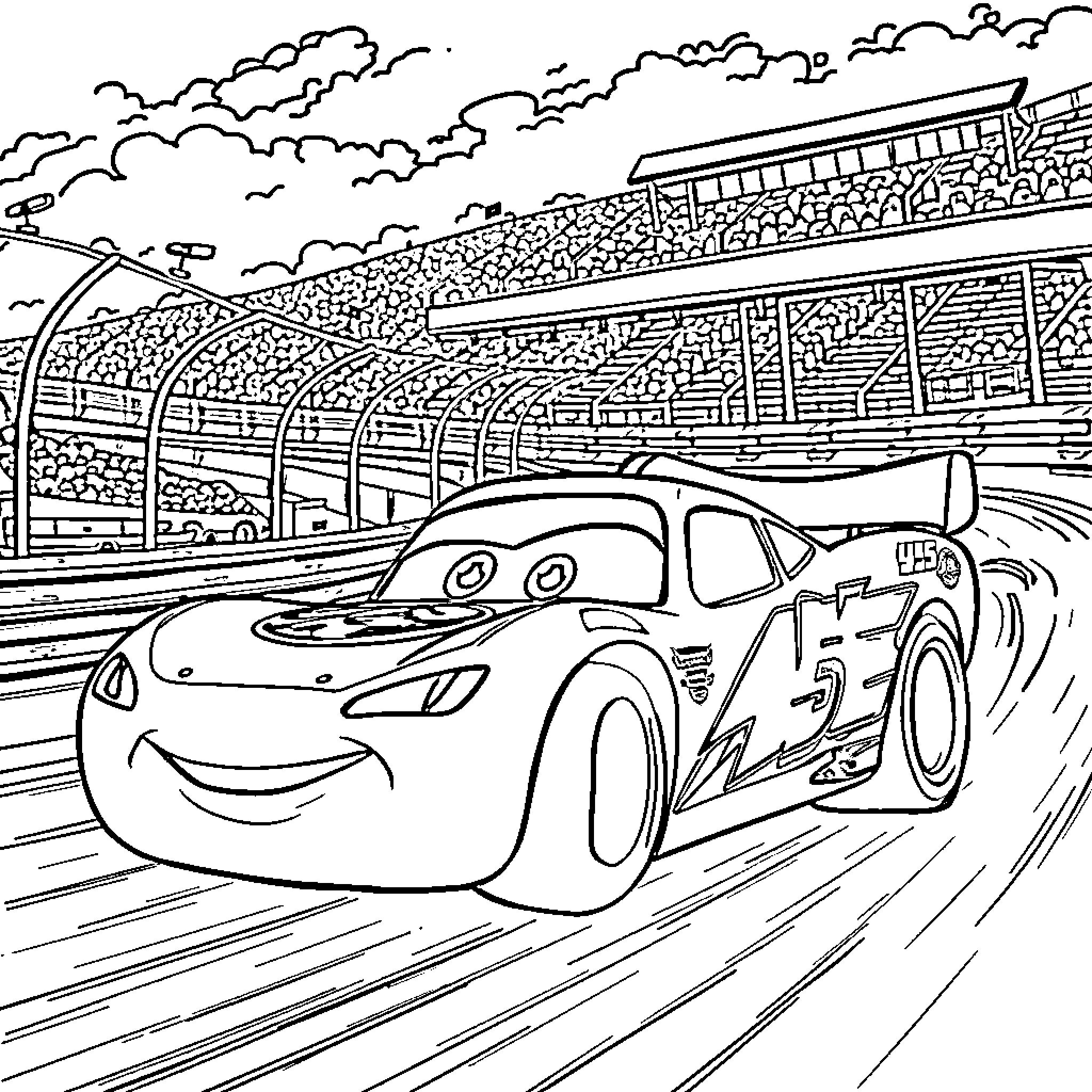 Lightning McQueen races on the track Coloring Page (free black-and-white line drawing printable PDF for all, from beginners to advanced learners, including children, teens, adults, and seniors)