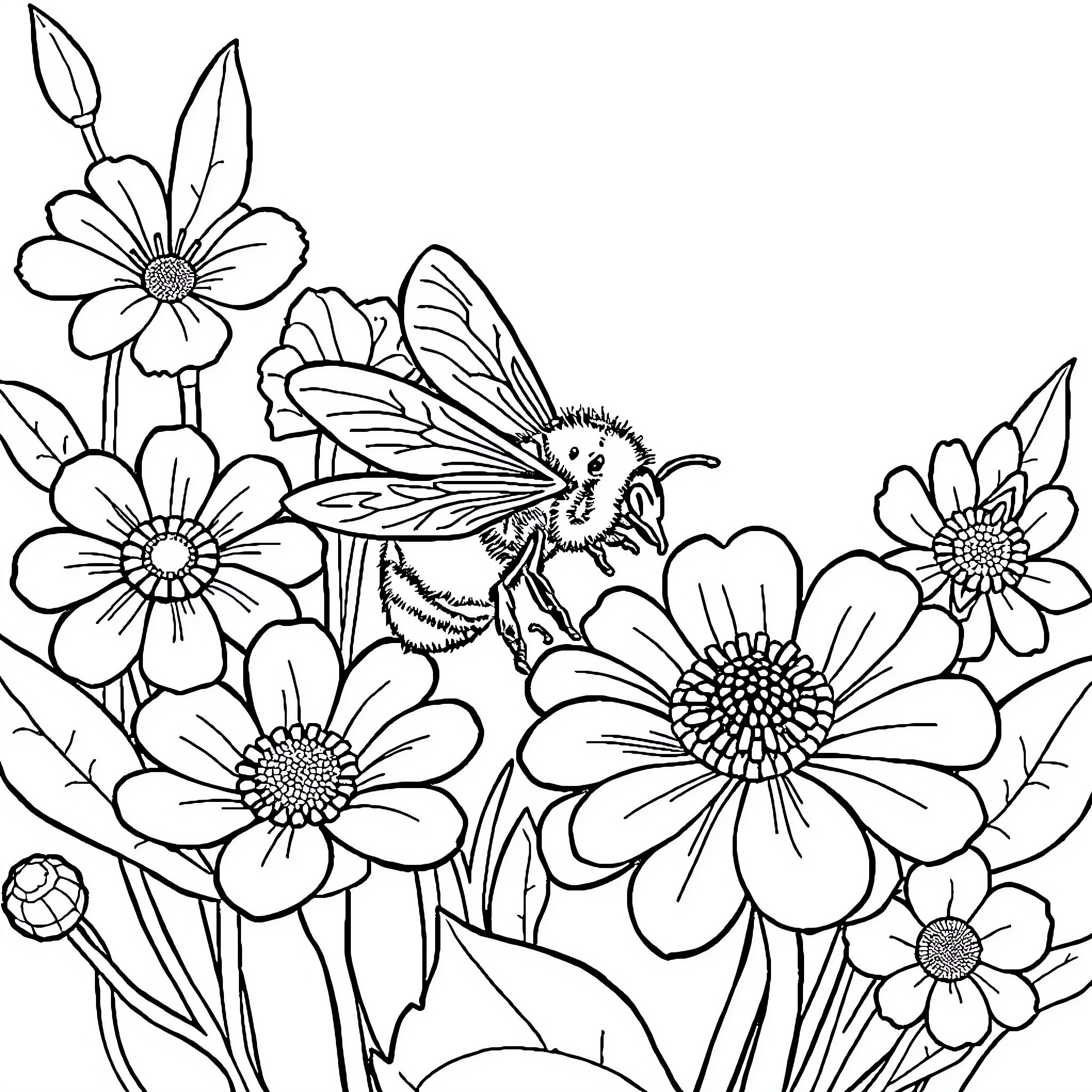 Bee among blooming flowers Coloring Page (free black-and-white line drawing printable PDF for all, from beginners to advanced learners, including children, teens, adults, and seniors)