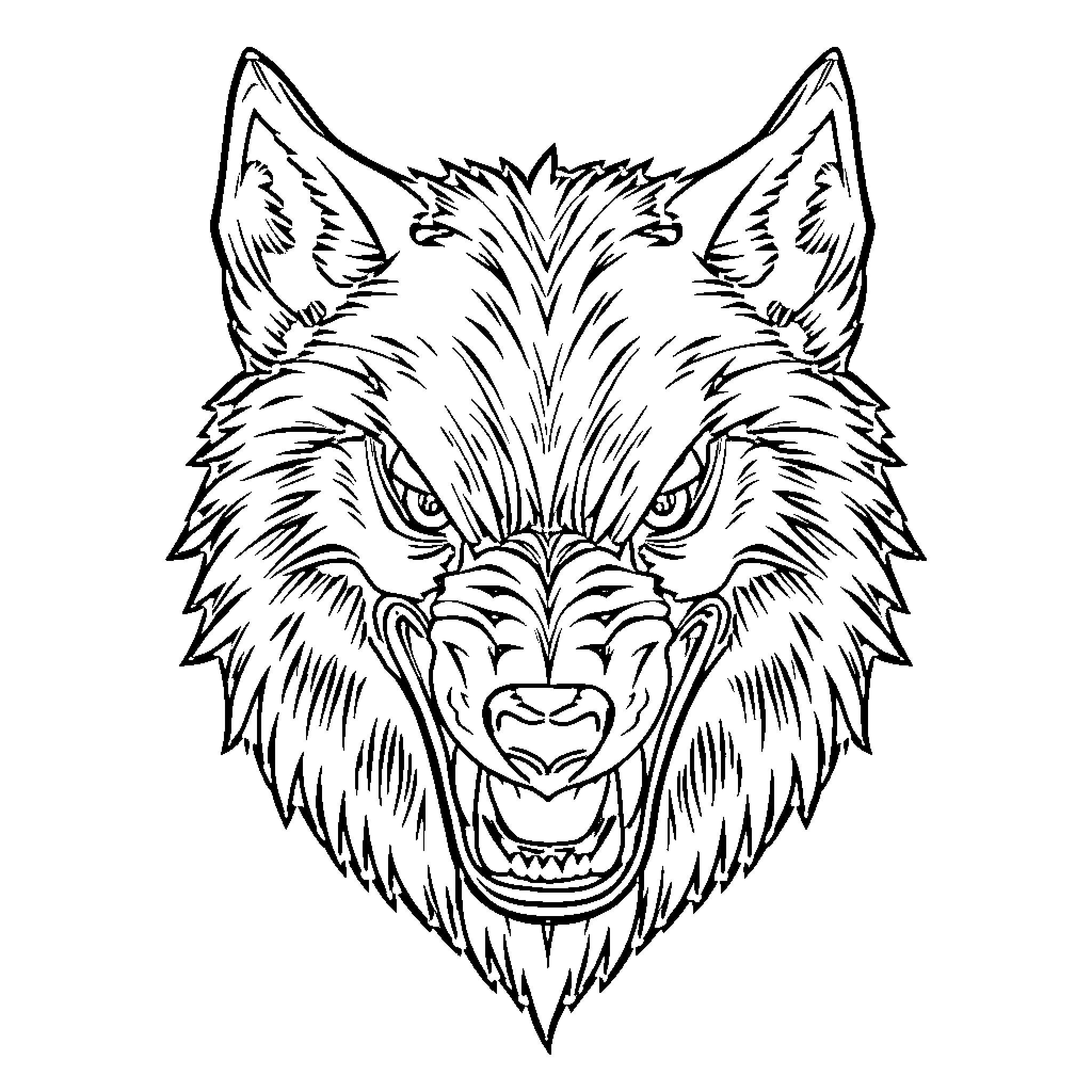 Wolf with fierce expression Coloring Page (free black-and-white line drawing printable PDF for all, from beginners to advanced learners, including children, teens, adults, and seniors)