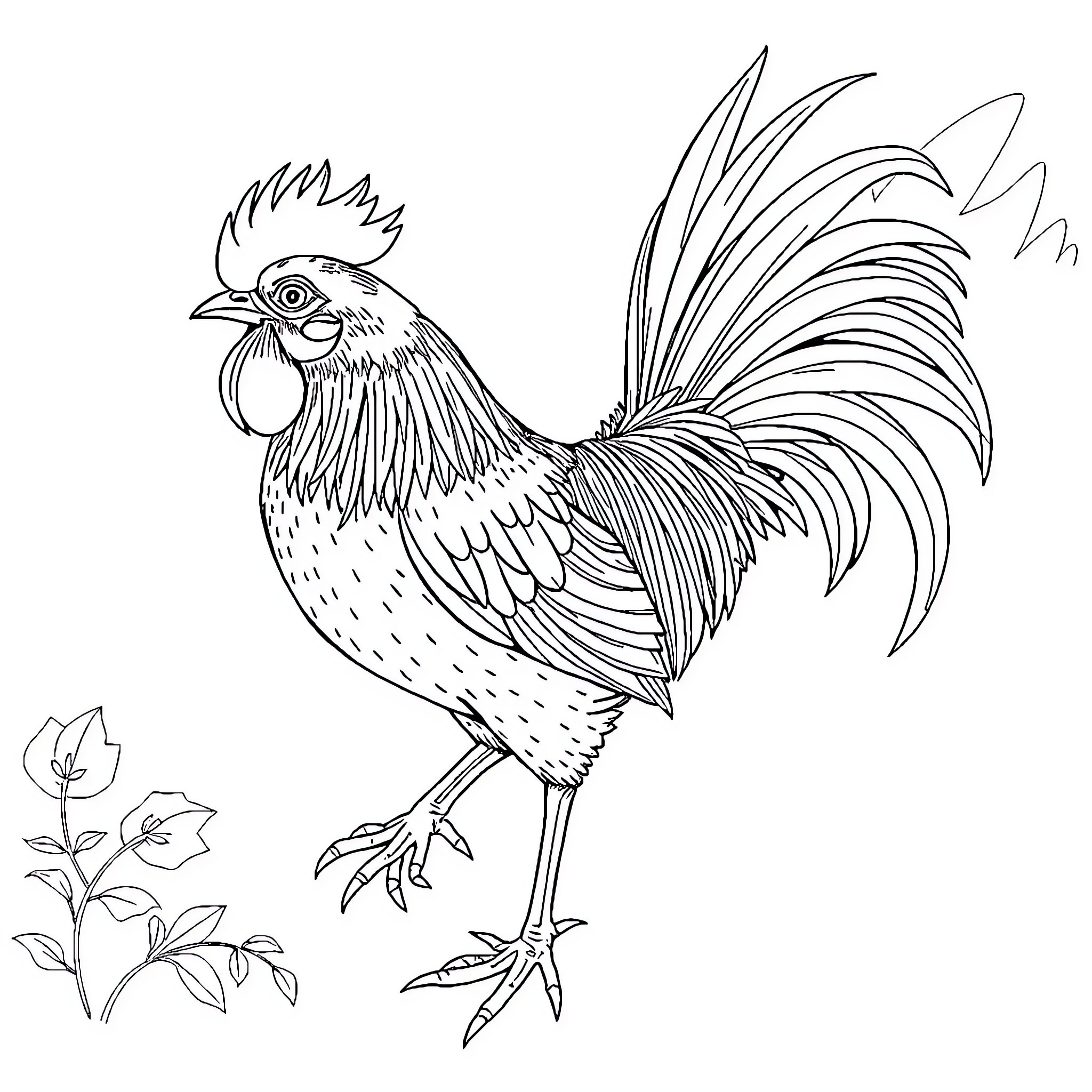 Chicken standing proudly with detailed feathers Coloring Page (free black-and-white line drawing printable PDF for all, from beginners to advanced learners, including children, teens, adults, and seniors)