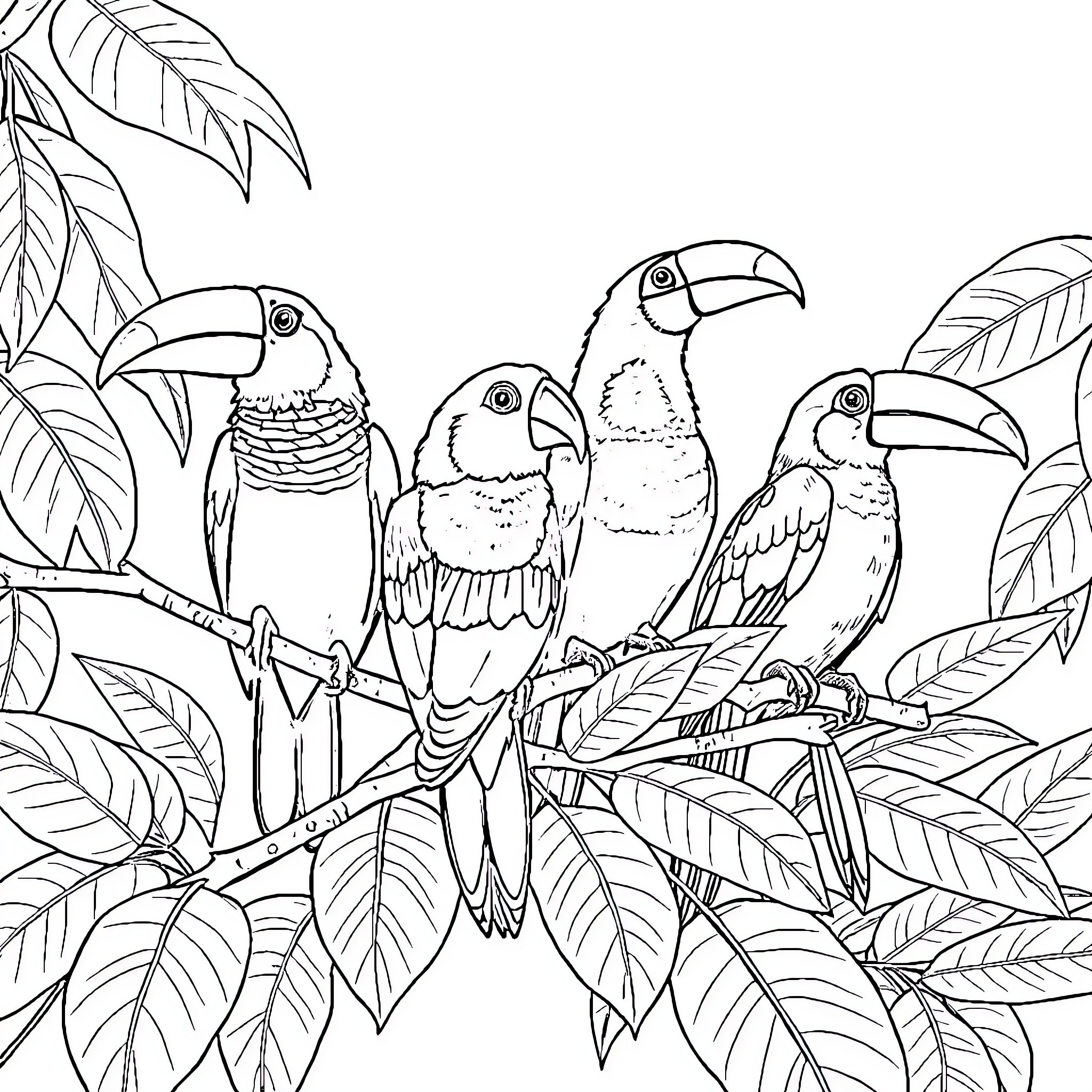 Birds perched on tropical foliage Coloring Page (free black-and-white line drawing printable PDF for all, from beginners to advanced learners, including children, teens, adults, and seniors)