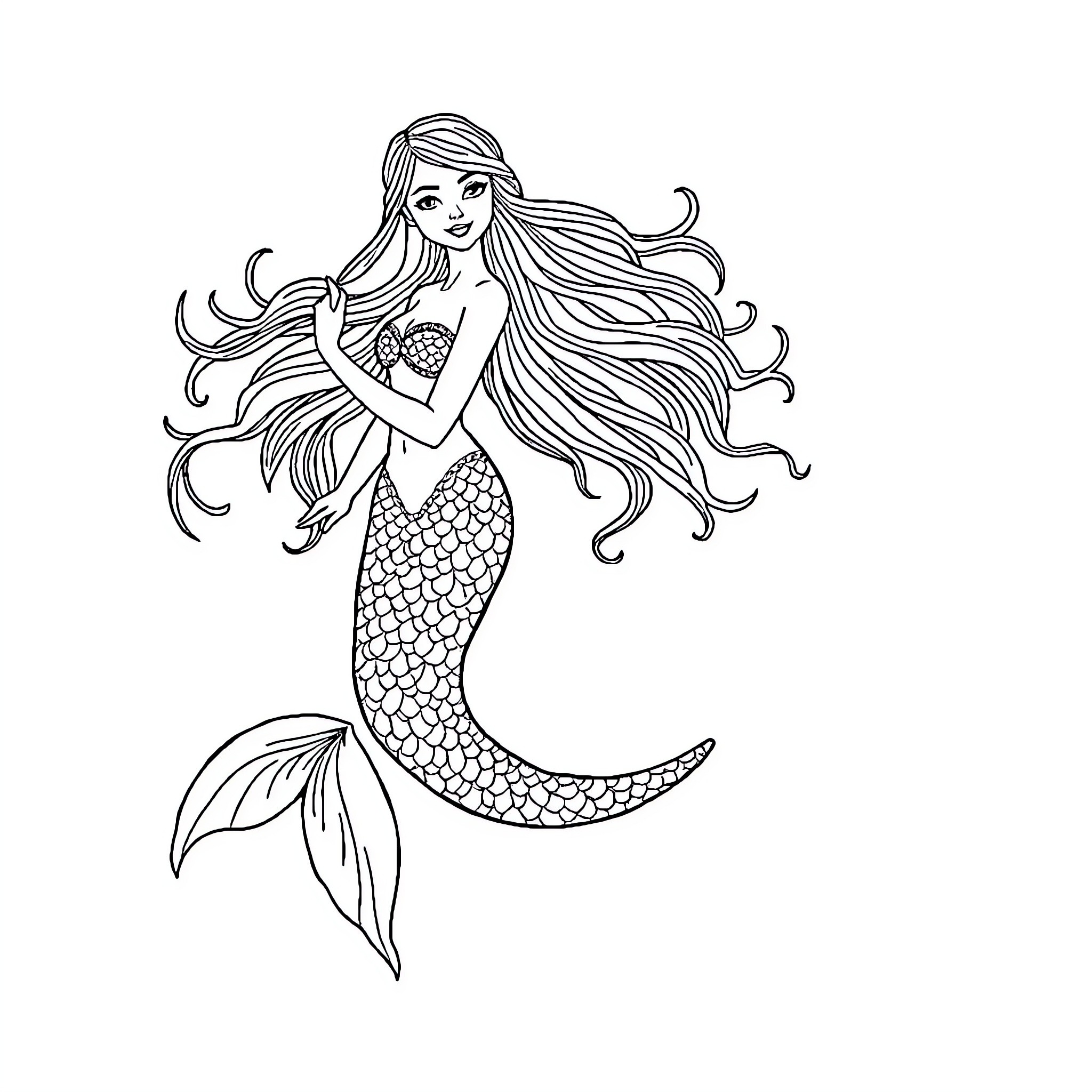 Mermaid with flowing hair embracing herself Coloring Page (free black-and-white line drawing printable PDF for all, from beginners to advanced learners, including children, teens, adults, and seniors)