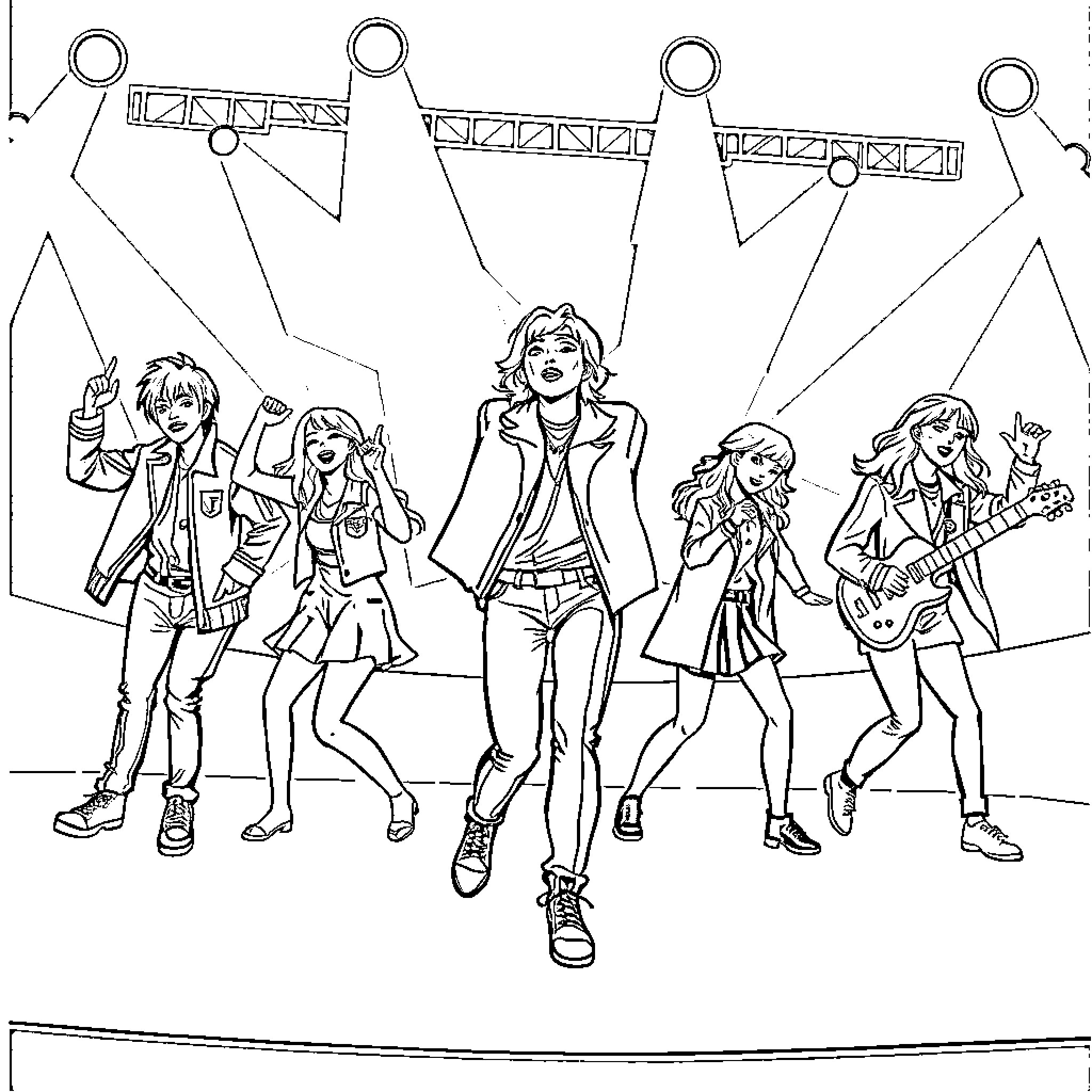 K Pop Performers on Stage Rocking Out Coloring Page (free black-and-white line drawing printable PDF for all, from beginners to advanced learners, including children, teens, adults, and seniors)