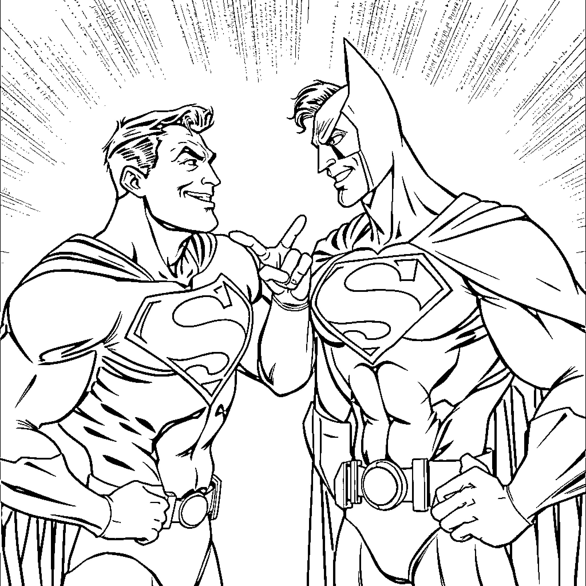 Superman and Batman in epic confrontation Coloring Page (free black-and-white line drawing printable PDF for all, from beginners to advanced learners, including children, teens, adults, and seniors)