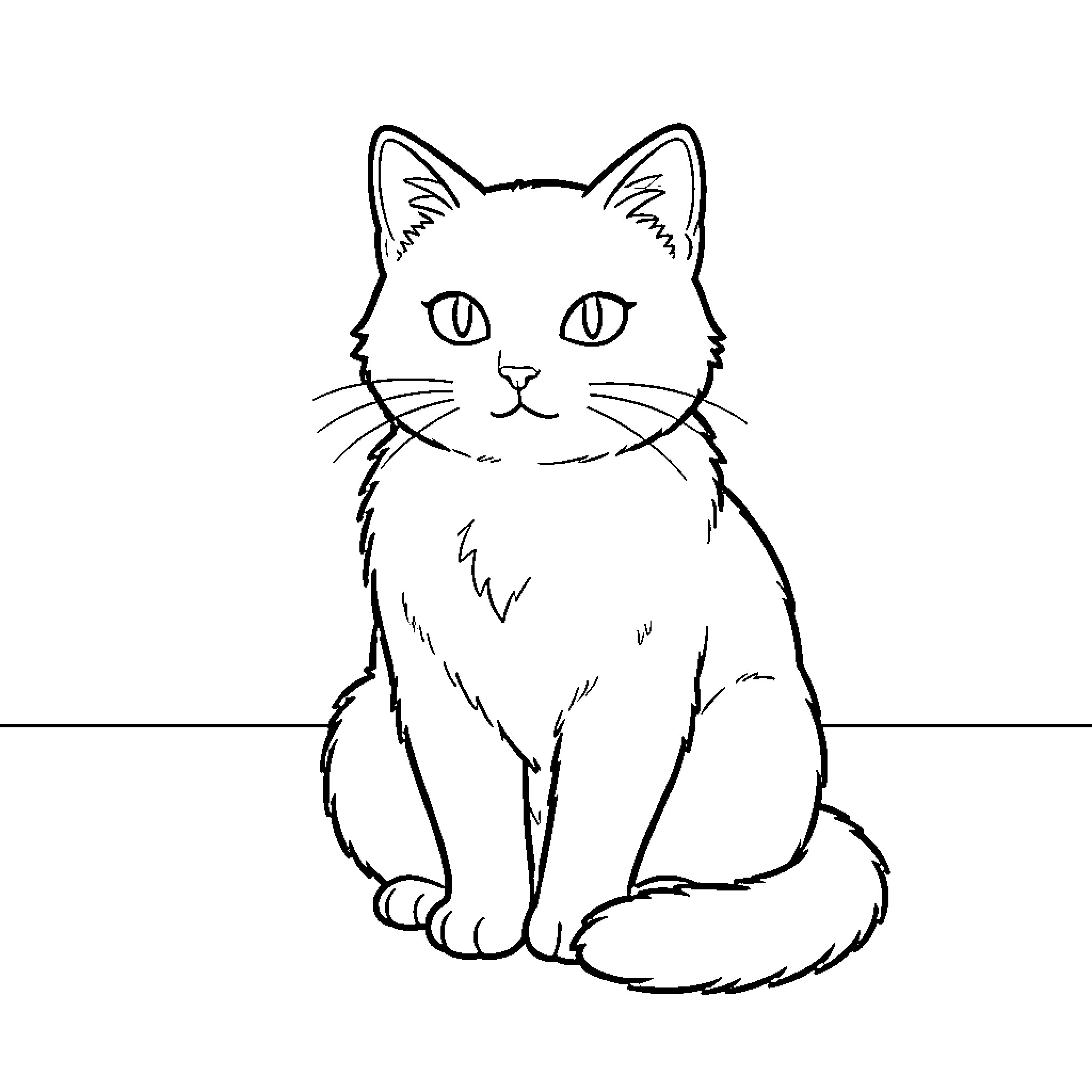 Cat sitting calmly in a minimalistic outline Coloring Page (free black-and-white line drawing printable PDF for all, from beginners to advanced learners, including children, teens, adults, and seniors)