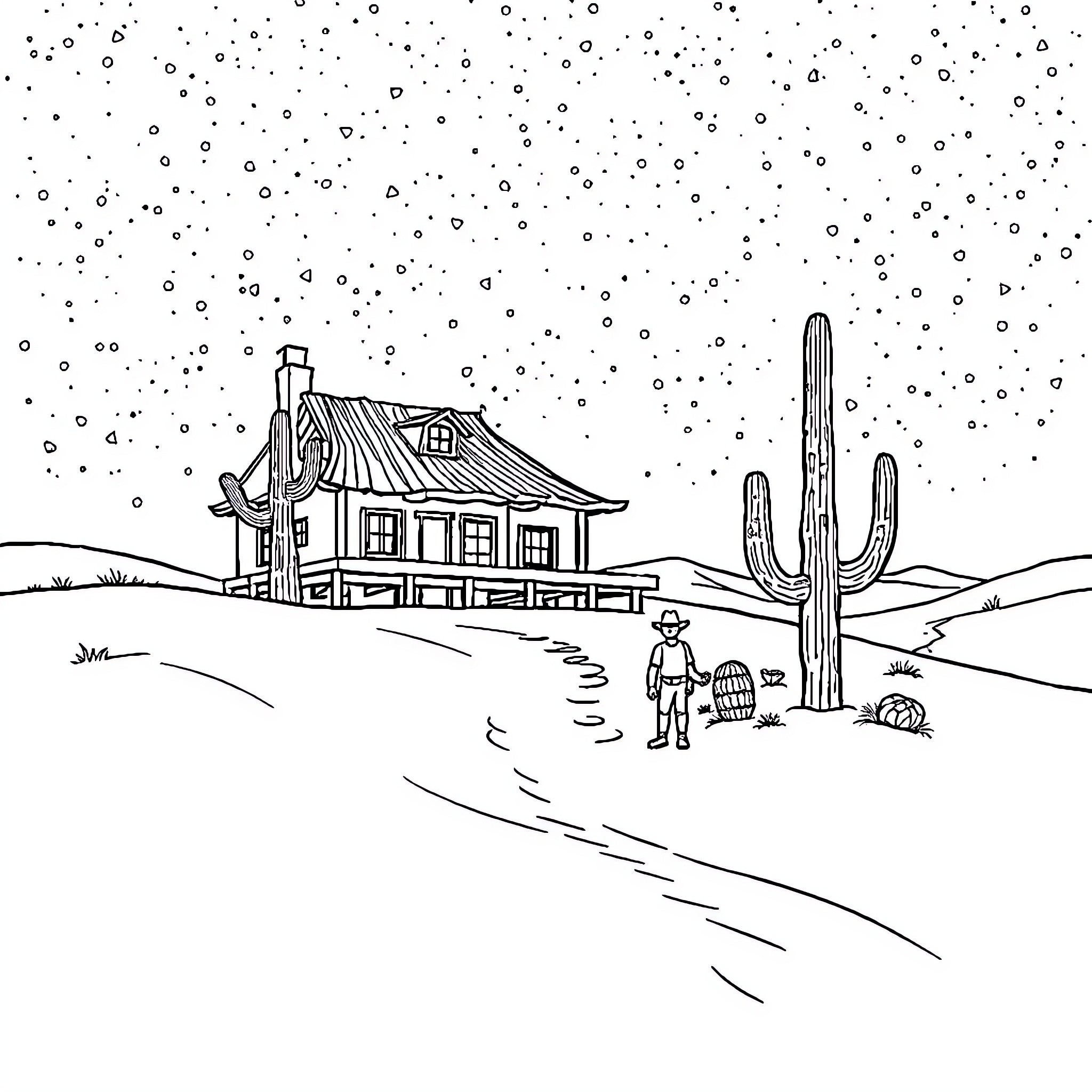Gaby's winter night in the desert Coloring Page (free black-and-white line drawing printable PDF for all, from beginners to advanced learners, including children, teens, adults, and seniors)