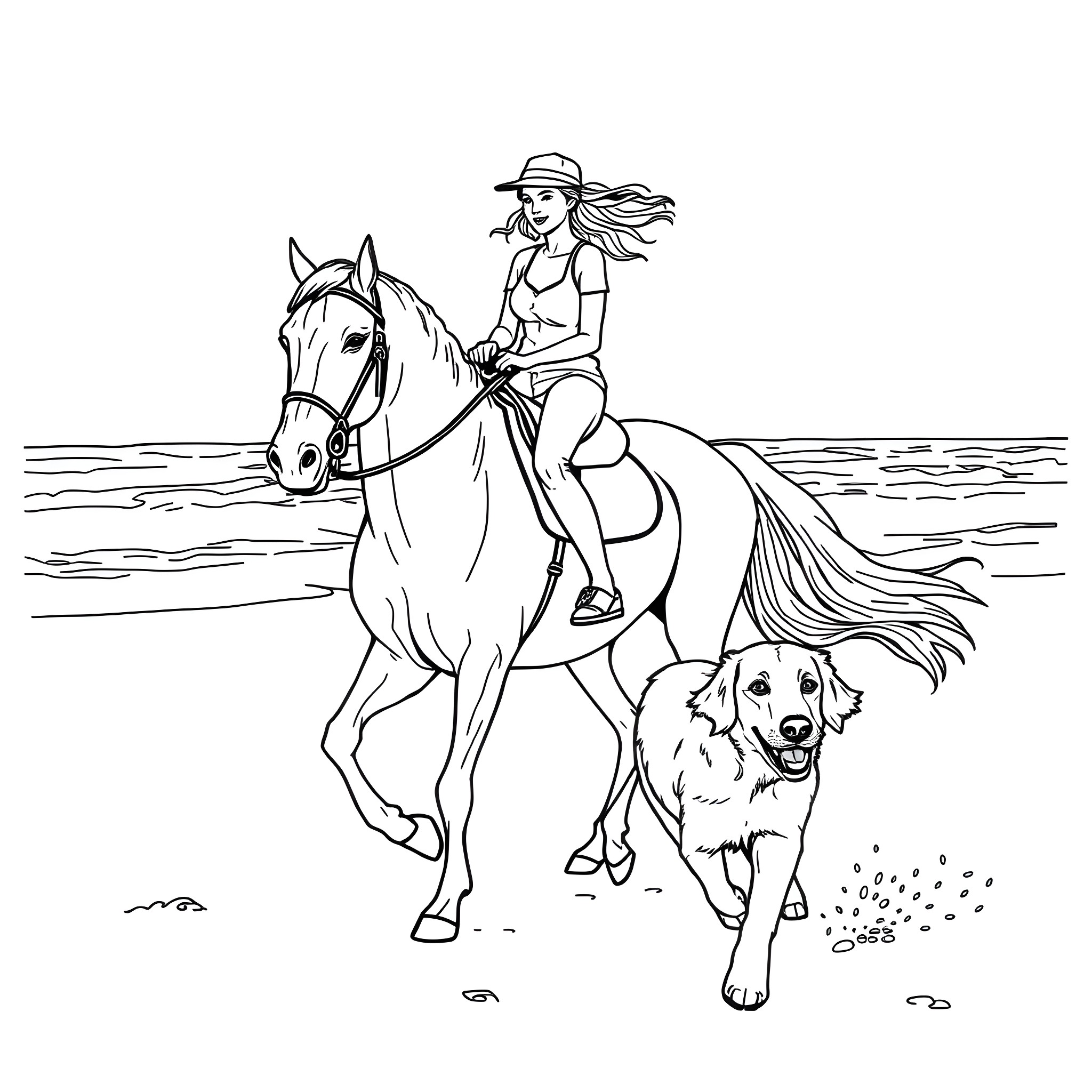 Lady riding horse with dog on the beach Coloring Page (free black-and-white line drawing printable PDF for all, from beginners to advanced learners, including children, teens, adults, and seniors)