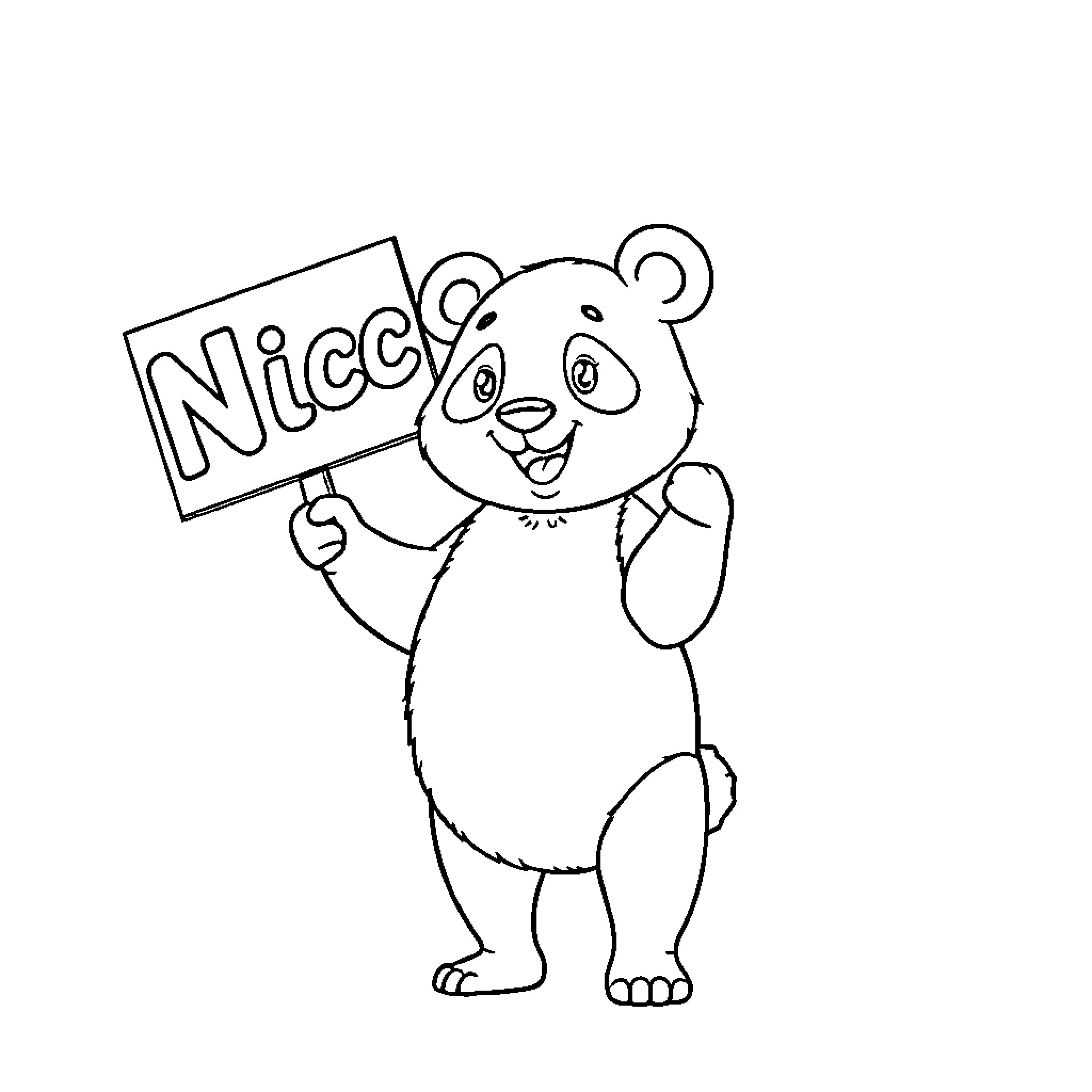 Panda holding a 'Nice' sign Coloring Page (free black-and-white line drawing printable PDF for all, from beginners to advanced learners, including children, teens, adults, and seniors)