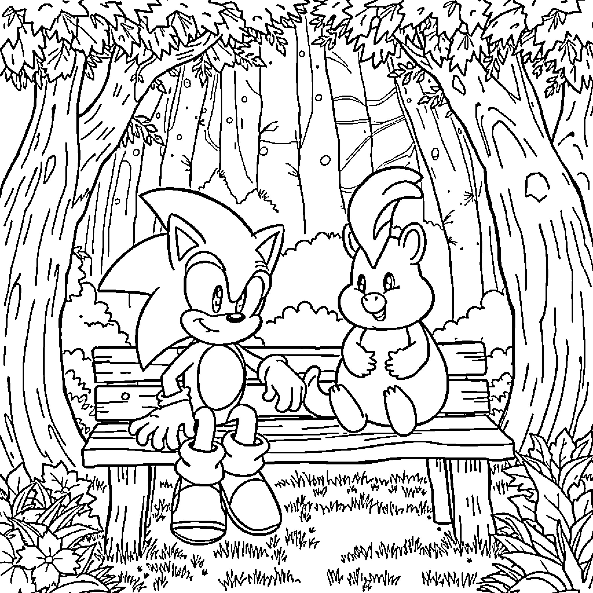 Sonic and his friend explore the lush forest Coloring Page (free black-and-white line drawing printable PDF for all, from beginners to advanced learners, including children, teens, adults, and seniors)