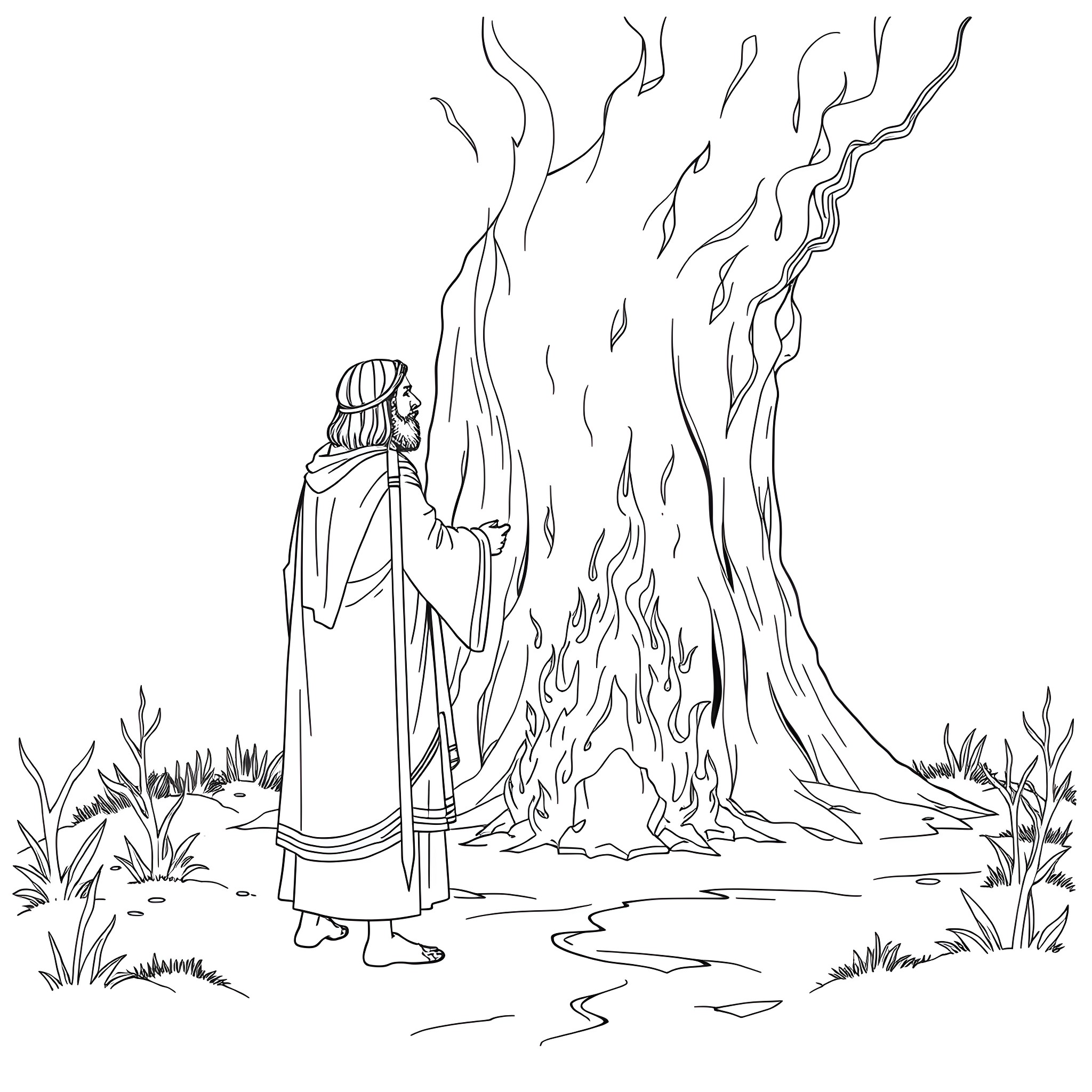 Moses and the Burning Bush Coloring Page (free black-and-white line drawing printable PDF for all, from beginners to advanced learners, including children, teens, adults, and seniors)