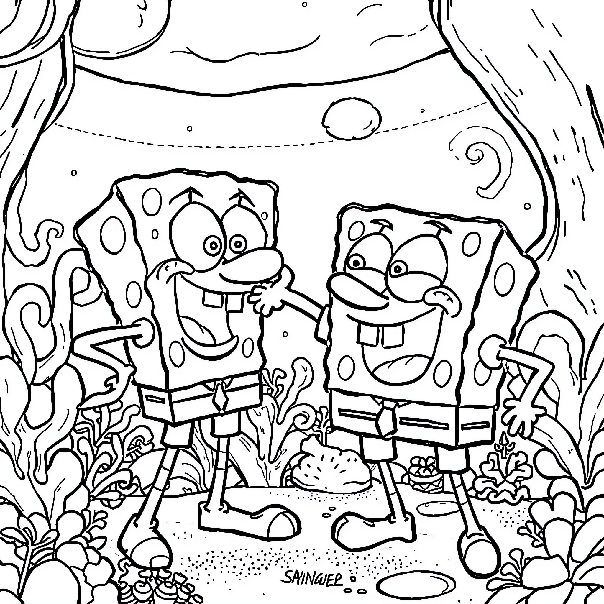 Spongebob and Patrick enjoying an underwater adventure Coloring Page (free black-and-white line drawing printable PDF for all, from beginners to advanced learners, including children, teens, adults, and seniors)