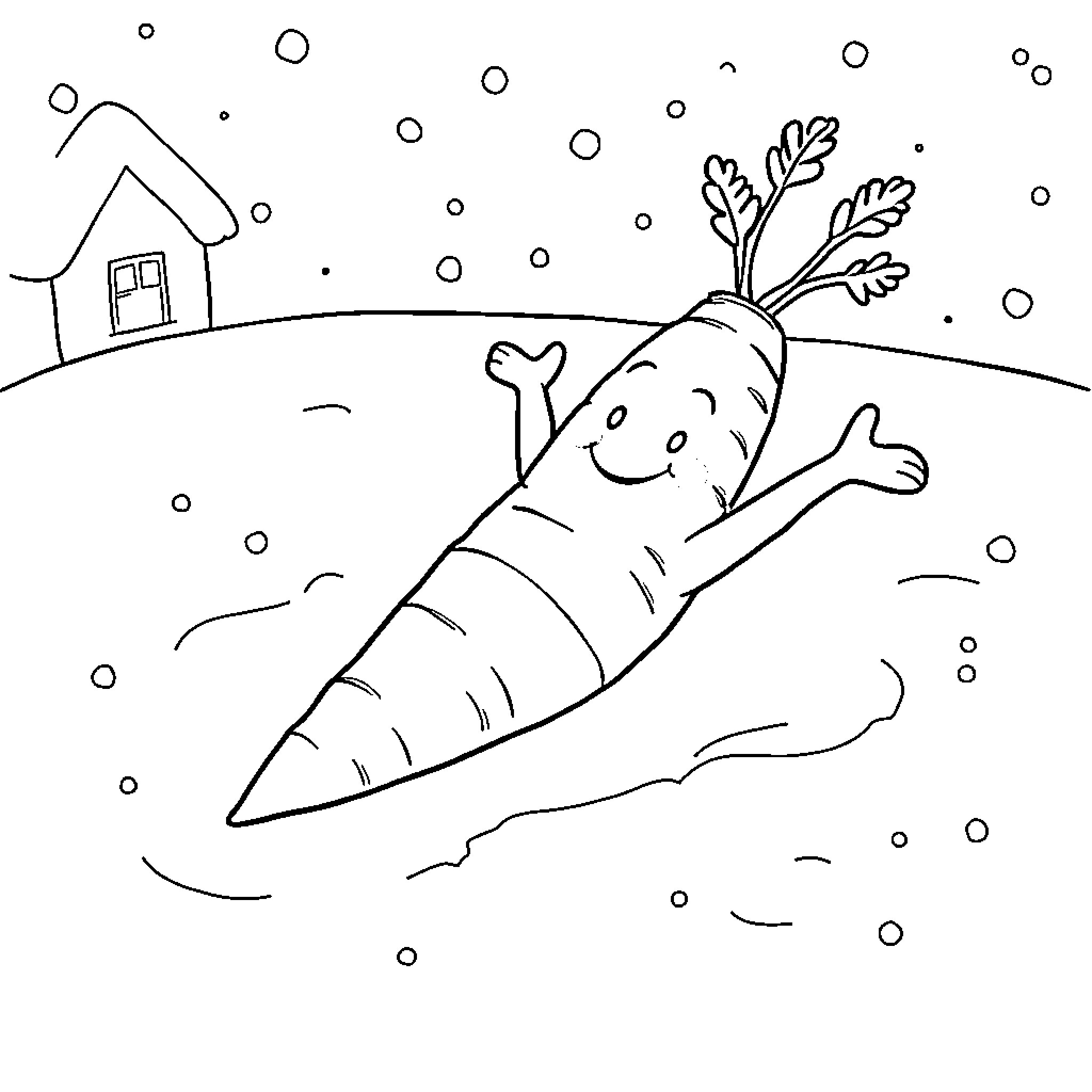 Carrot playing happily in the snow Coloring Page (free black-and-white line drawing printable PDF for all, from beginners to advanced learners, including children, teens, adults, and seniors)