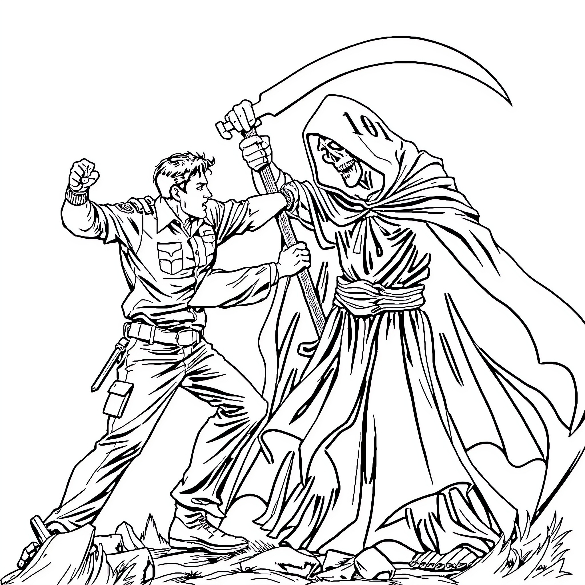Medic heroically resisting supernatural forces Coloring Page (free black-and-white line drawing printable PDF for all, from beginners to advanced learners, including children, teens, adults, and seniors)