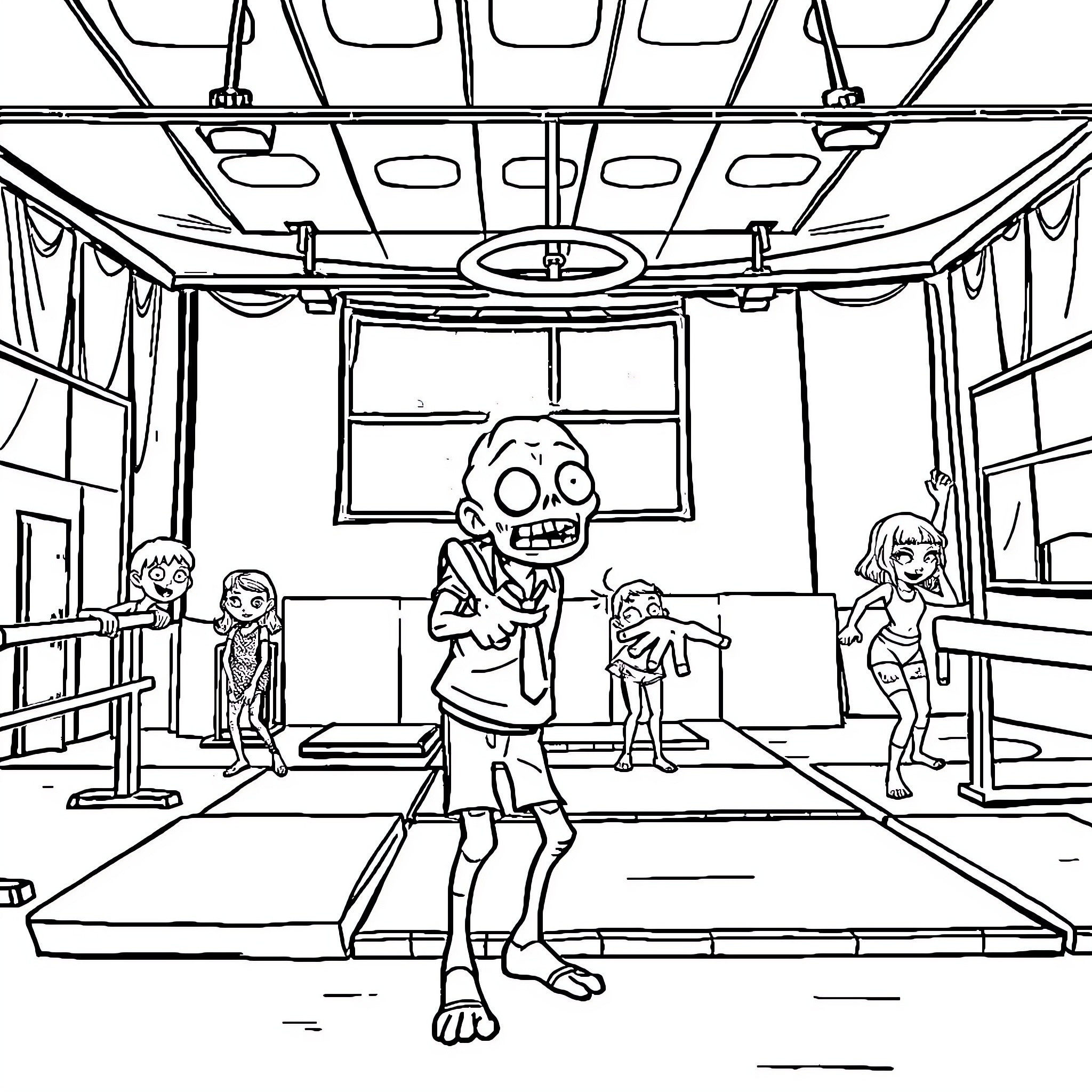 Zombie students in a chaotic classroom Coloring Page (free black-and-white line drawing printable PDF for all, from beginners to advanced learners, including children, teens, adults, and seniors)