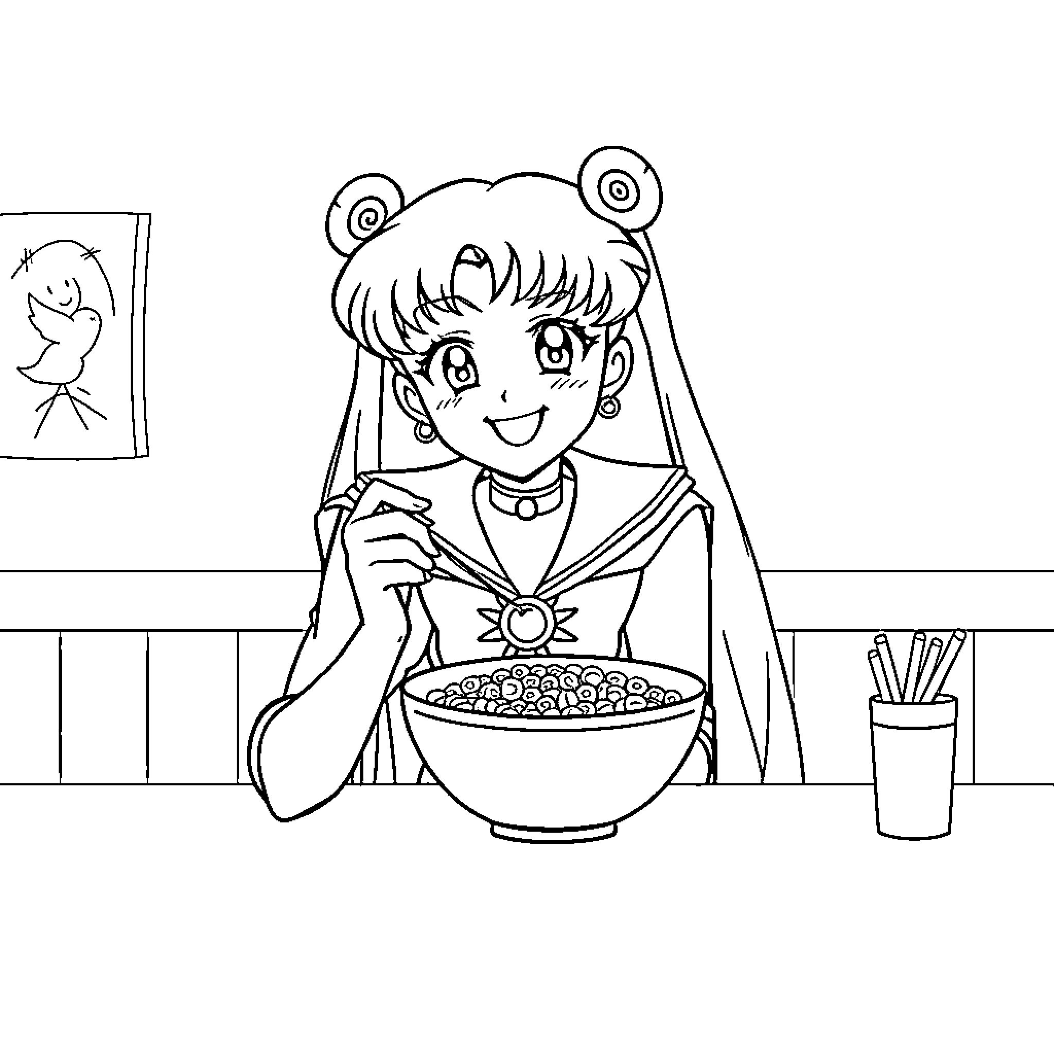 Sailor Moon Enjoying a Snack Coloring Page (free black-and-white line drawing printable PDF for all, from beginners to advanced learners, including children, teens, adults, and seniors)