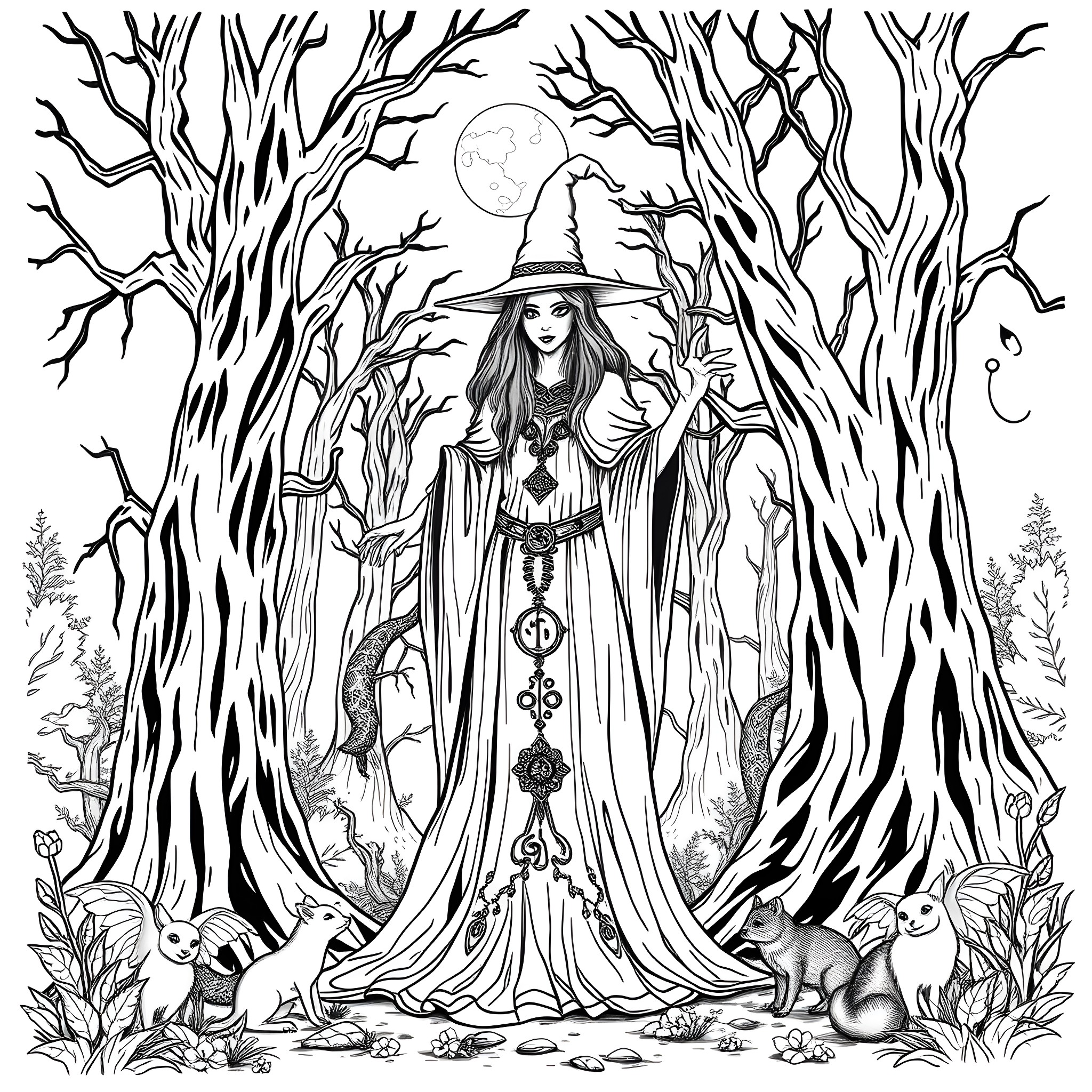 Witch in Enchanted Forest with Mysterious Moon Coloring Page (free black-and-white line drawing printable PDF for all, from beginners to advanced learners, including children, teens, adults, and seniors)