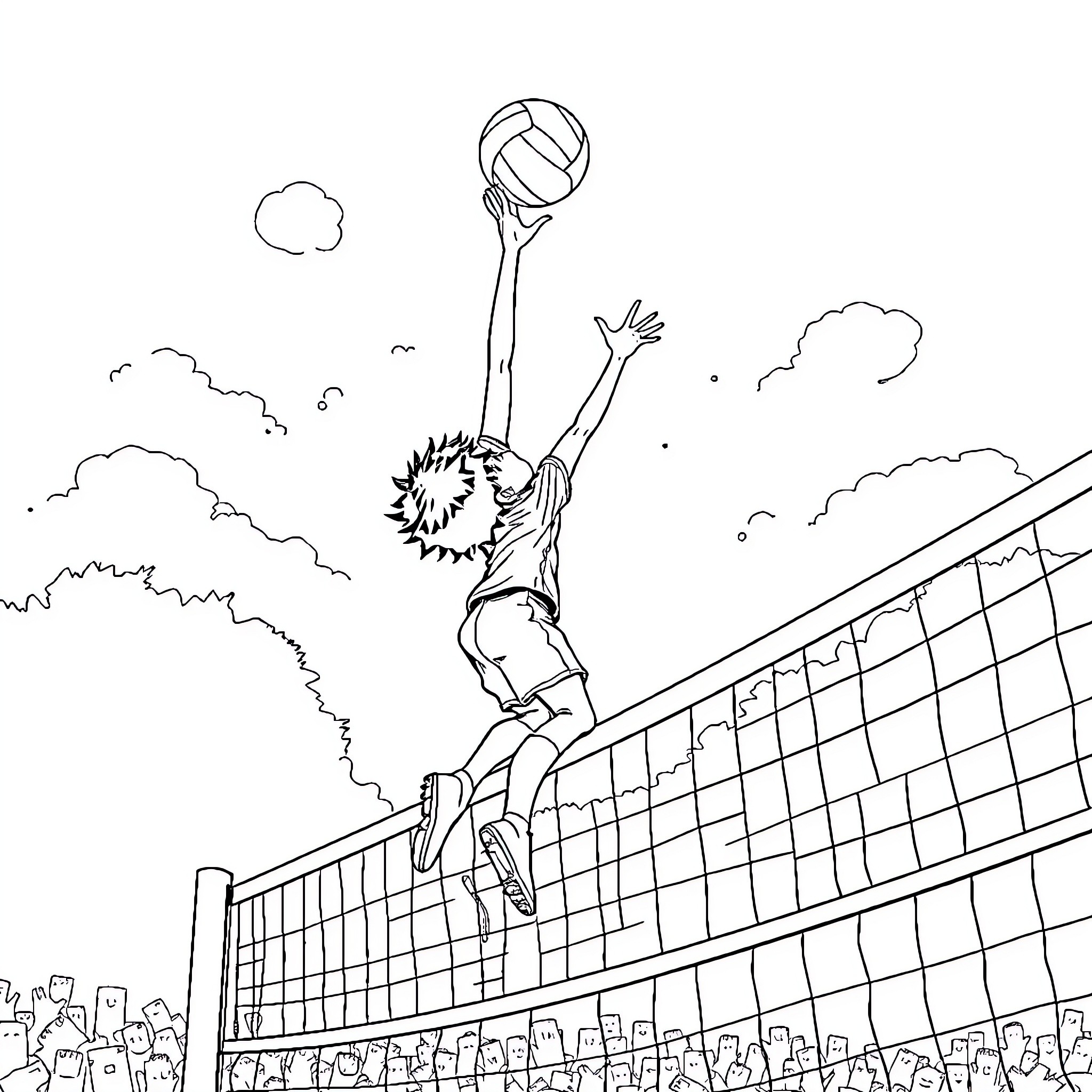 Izuku Midoriya jumping to spike the volleyball Coloring Page (free black-and-white line drawing printable PDF for all, from beginners to advanced learners, including children, teens, adults, and seniors)