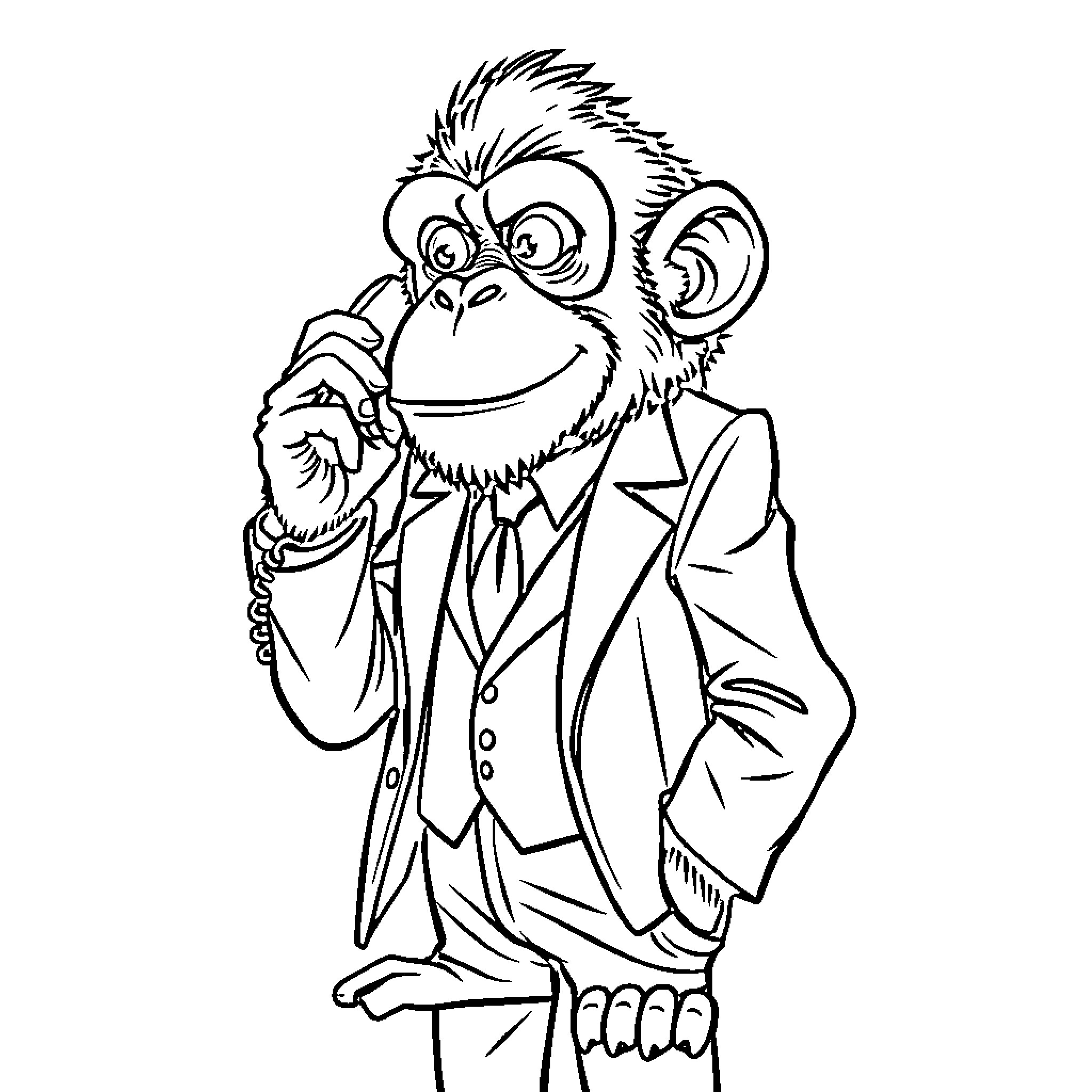 Monkey in a suit with an amused expression Coloring Page (free black-and-white line drawing printable PDF for all, from beginners to advanced learners, including children, teens, adults, and seniors)