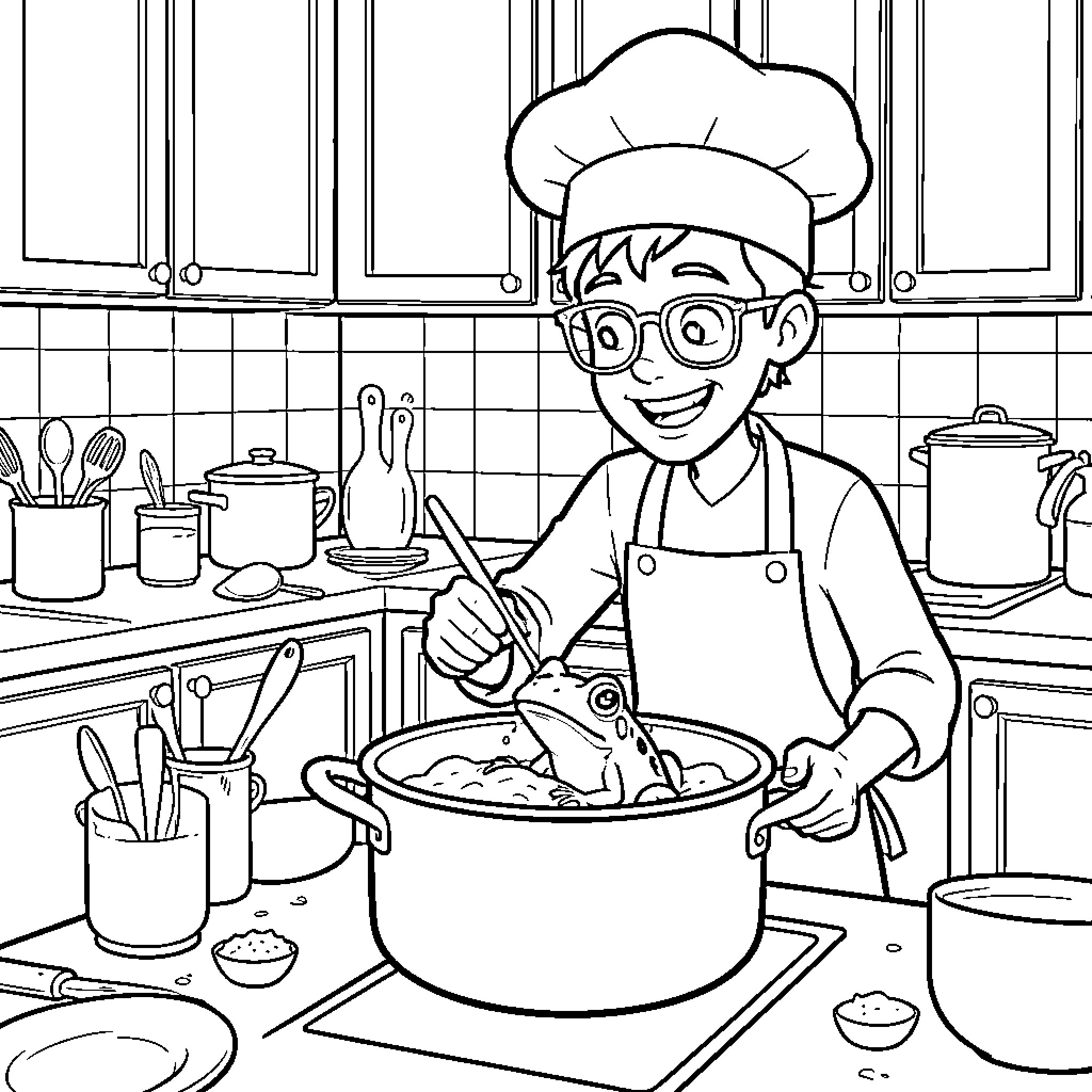 Chico the Aspiring Young Chef Cooking in the Kitchen Coloring Page (free black-and-white line drawing printable PDF for all, from beginners to advanced learners, including children, teens, adults, and seniors)