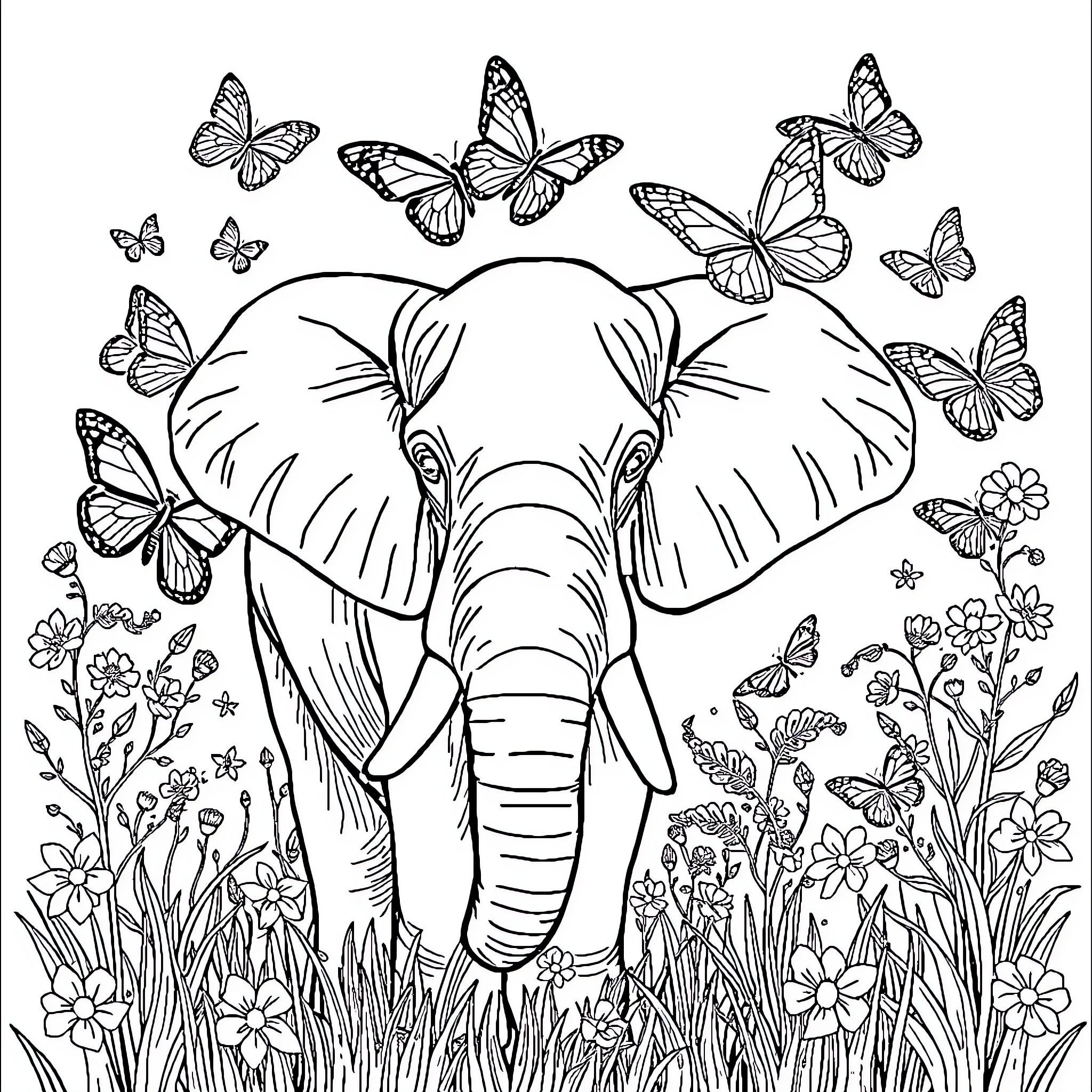 Butterfly Elephant Surrounded by Fluttering Butterflies Coloring Page (free black-and-white line drawing printable PDF for all, from beginners to advanced learners, including children, teens, adults, and seniors)