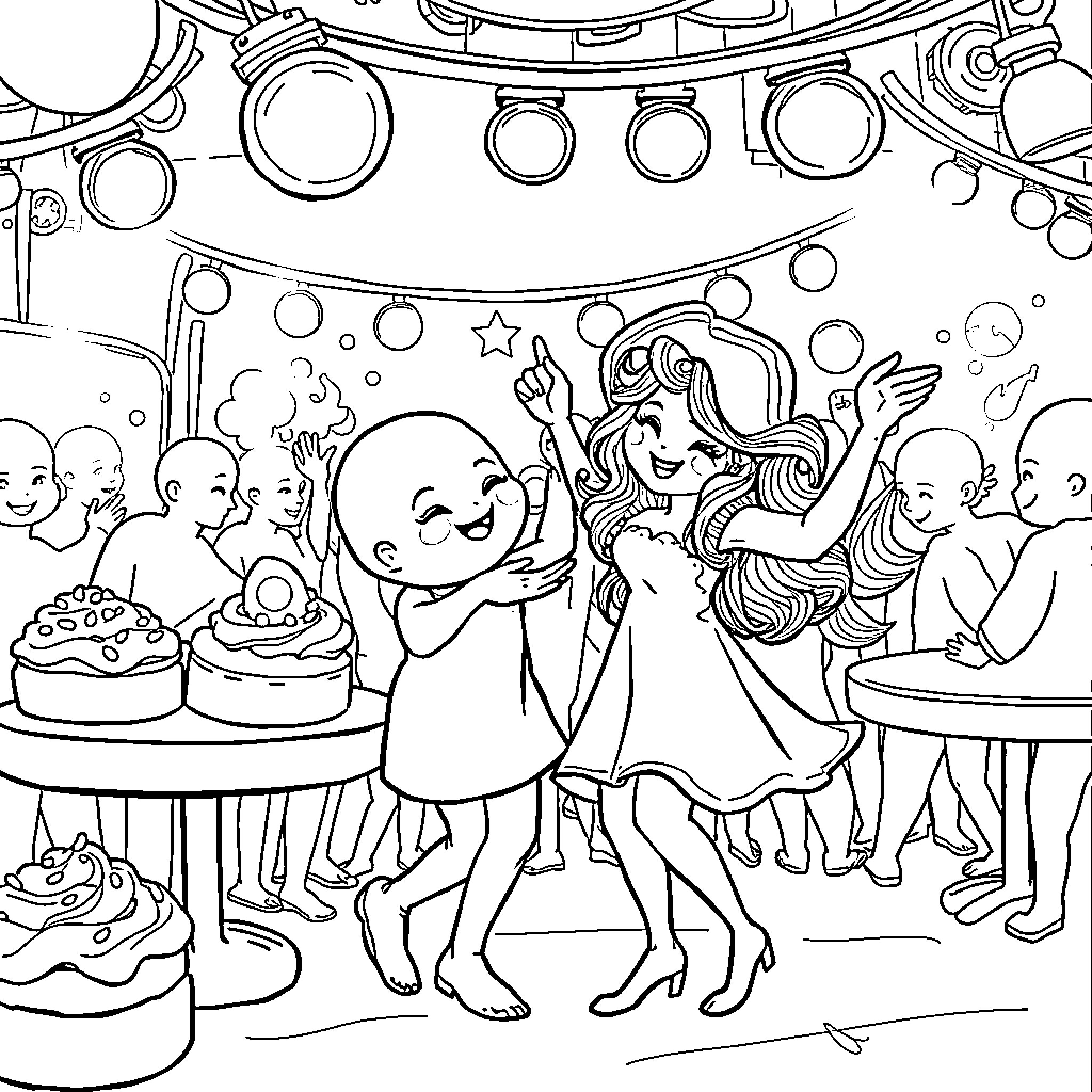 Pastry Party with Joyful Celebration Coloring Page (free black-and-white line drawing printable PDF for all, from beginners to advanced learners, including children, teens, adults, and seniors)