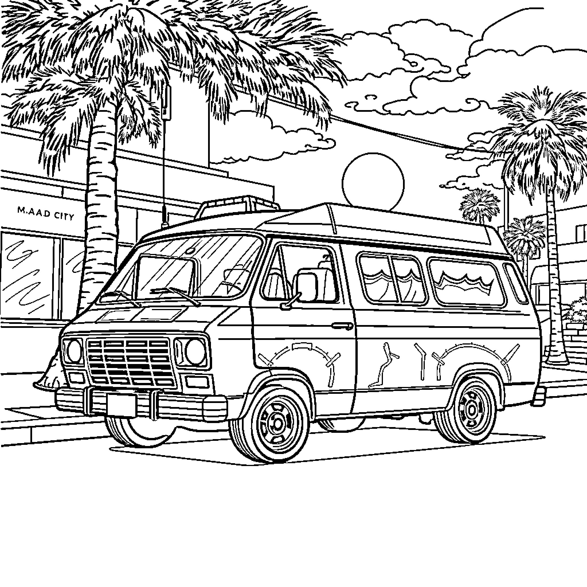 Van journeying through a tropical landscape Coloring Page (free black-and-white line drawing printable PDF for all, from beginners to advanced learners, including children, teens, adults, and seniors)