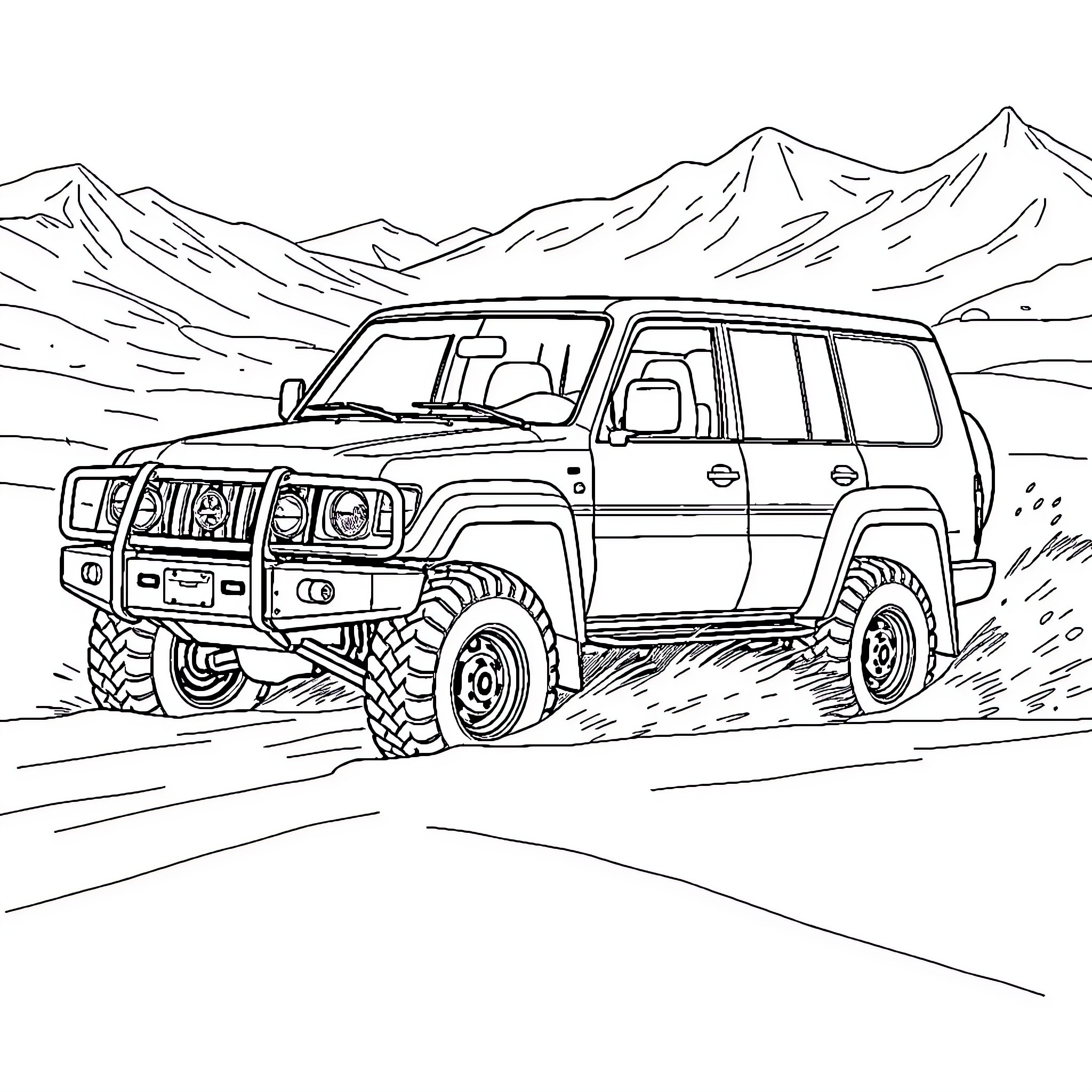 Truck traversing rugged mountain terrain Coloring Page (free black-and-white line drawing printable PDF for all, from beginners to advanced learners, including children, teens, adults, and seniors)