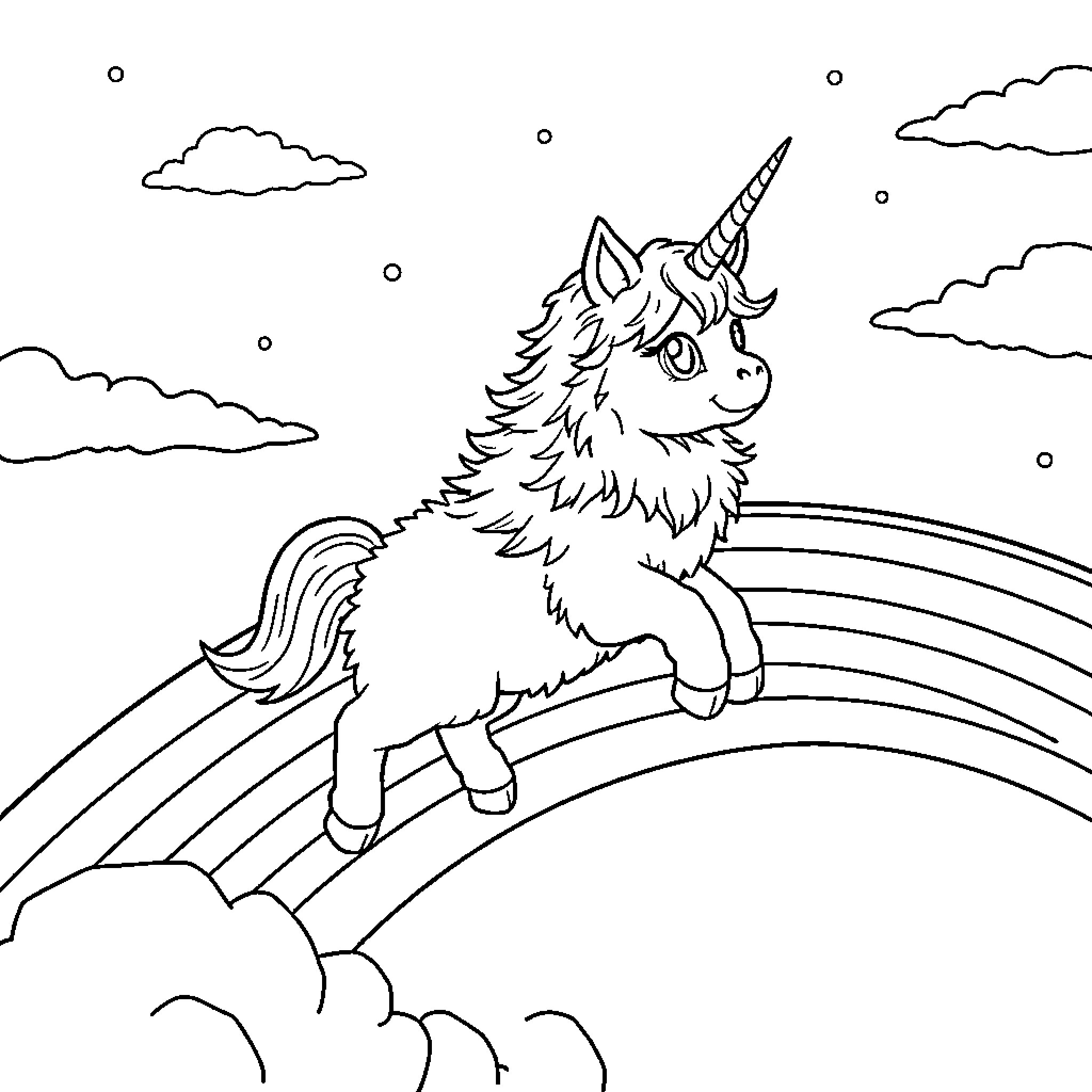 Cat Unicorn Galloping Through the Clouds Coloring Page (free black-and-white line drawing printable PDF for all, from beginners to advanced learners, including children, teens, adults, and seniors)