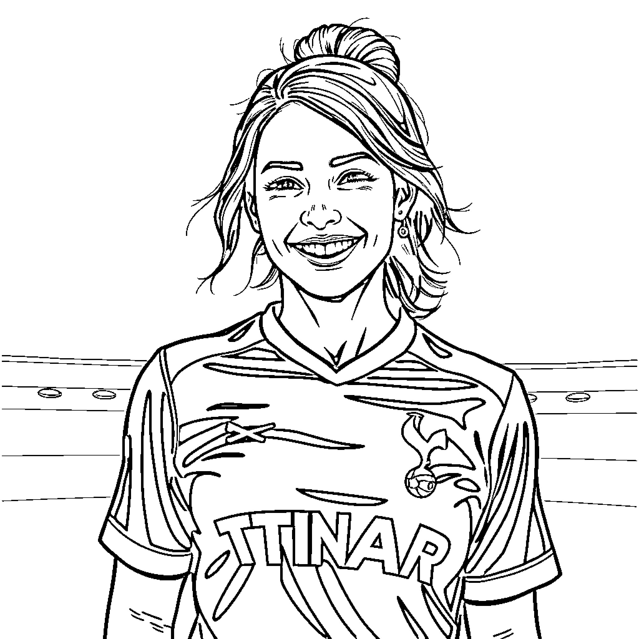 Lady Athlete Smiles Proudly in Sports Uniform Coloring Page (free black-and-white line drawing printable PDF for all, from beginners to advanced learners, including children, teens, adults, and seniors)