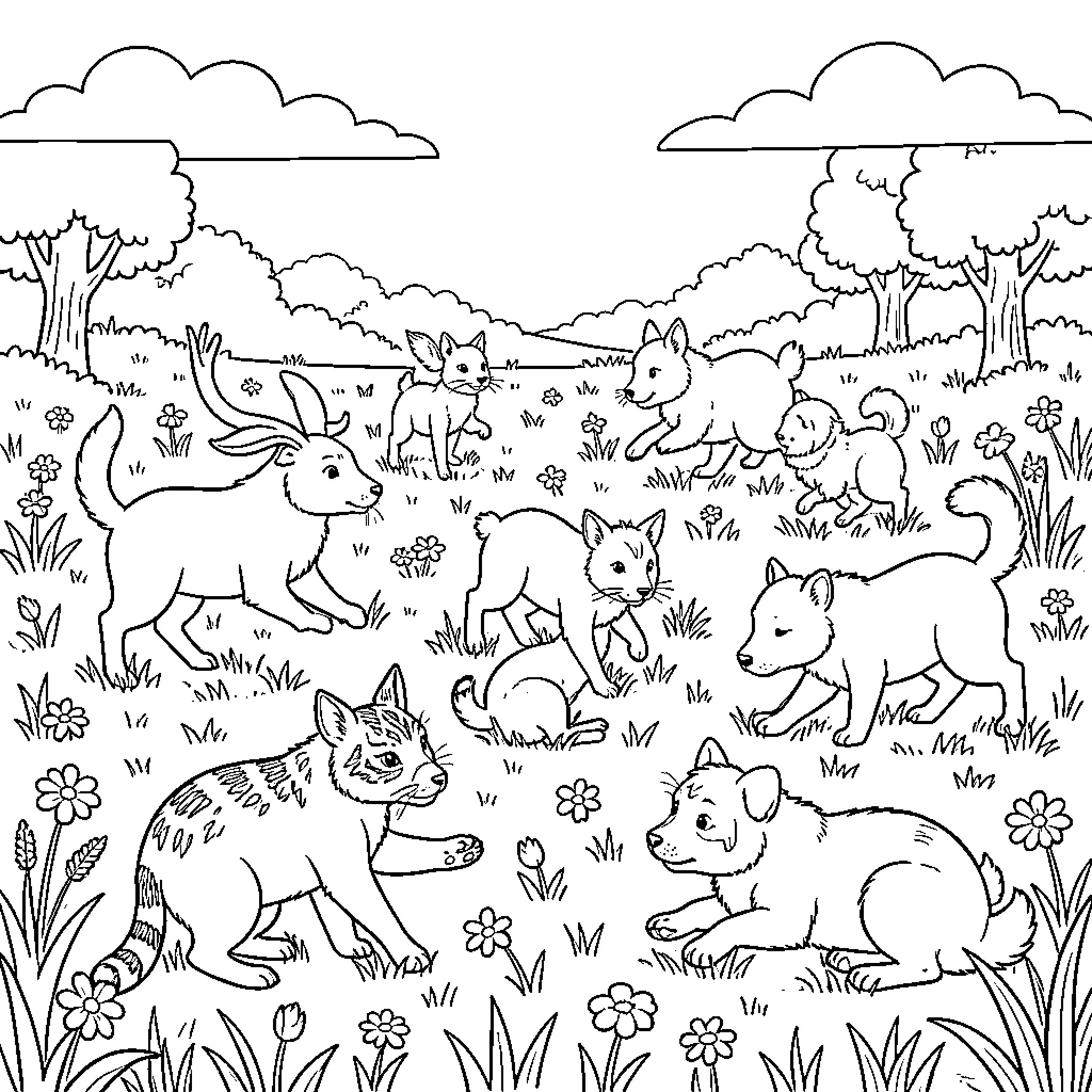 Animal Companions in a Lush Nature Scene Coloring Page (free black-and-white line drawing printable PDF for all, from beginners to advanced learners, including children, teens, adults, and seniors)