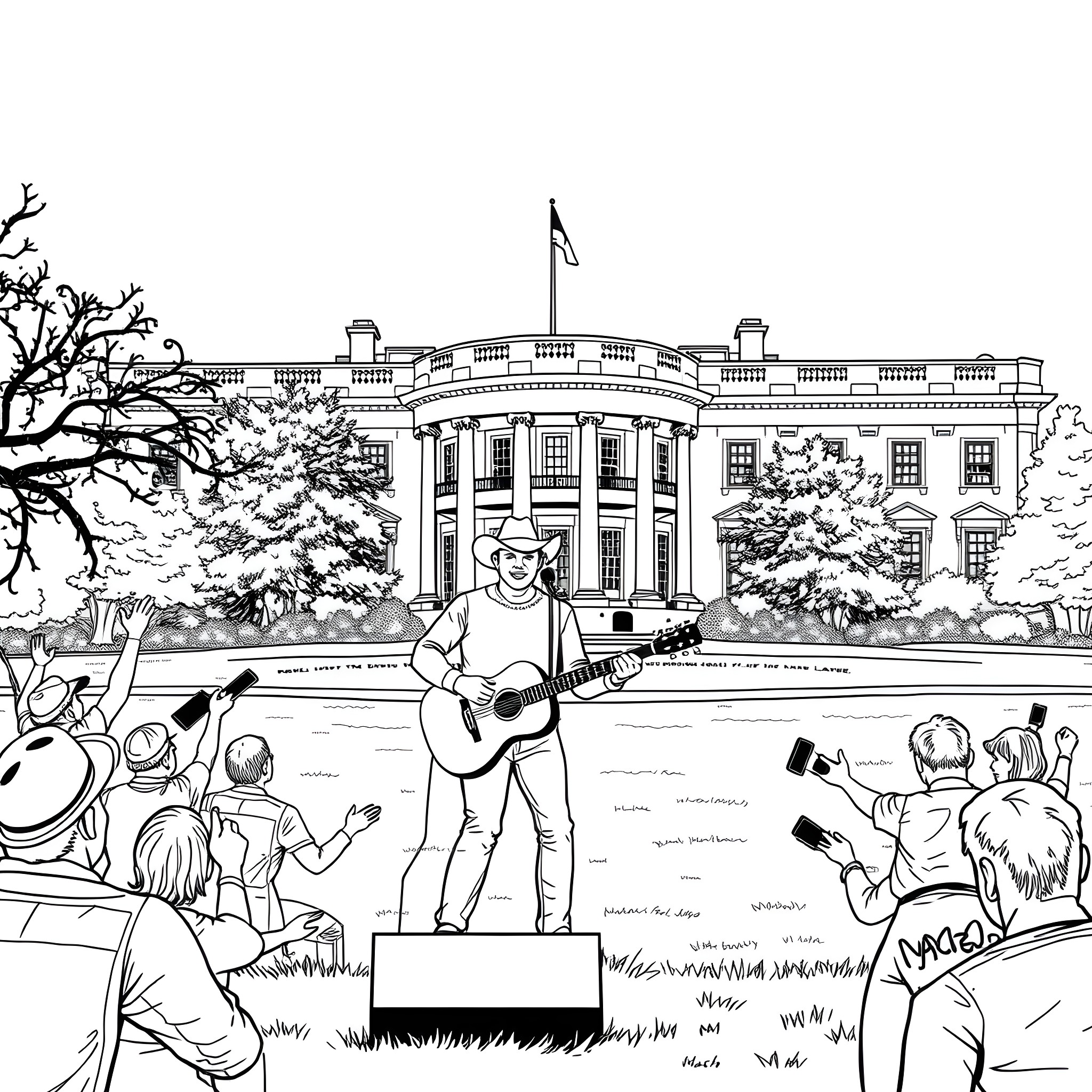 Garth Brooks performs live concert at the White House Coloring Page (free black-and-white line drawing printable PDF for all, from beginners to advanced learners, including children, teens, adults, and seniors)