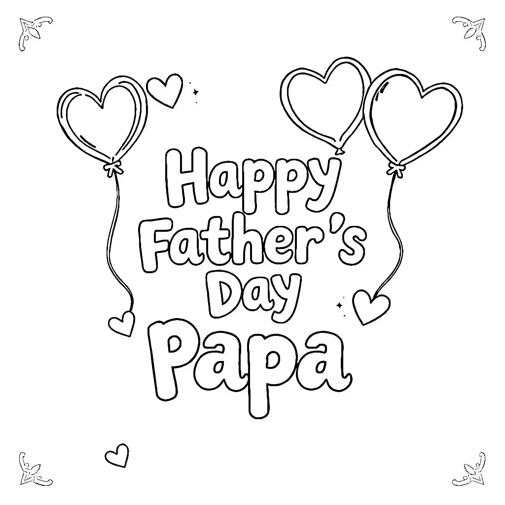 Father's Day Celebration with Heart Balloons Coloring Page (free black-and-white line drawing printable PDF for all, from beginners to advanced learners, including children, teens, adults, and seniors)