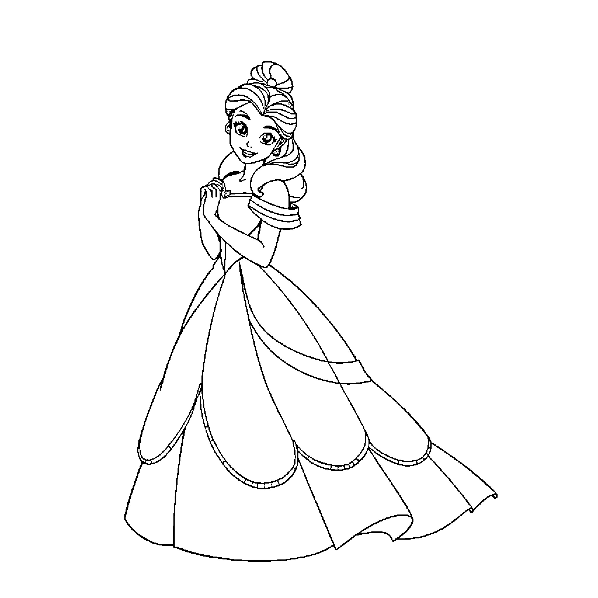 Belle in a Beautiful Gown Coloring Page (free black-and-white line drawing printable PDF for all, from beginners to advanced learners, including children, teens, adults, and seniors)