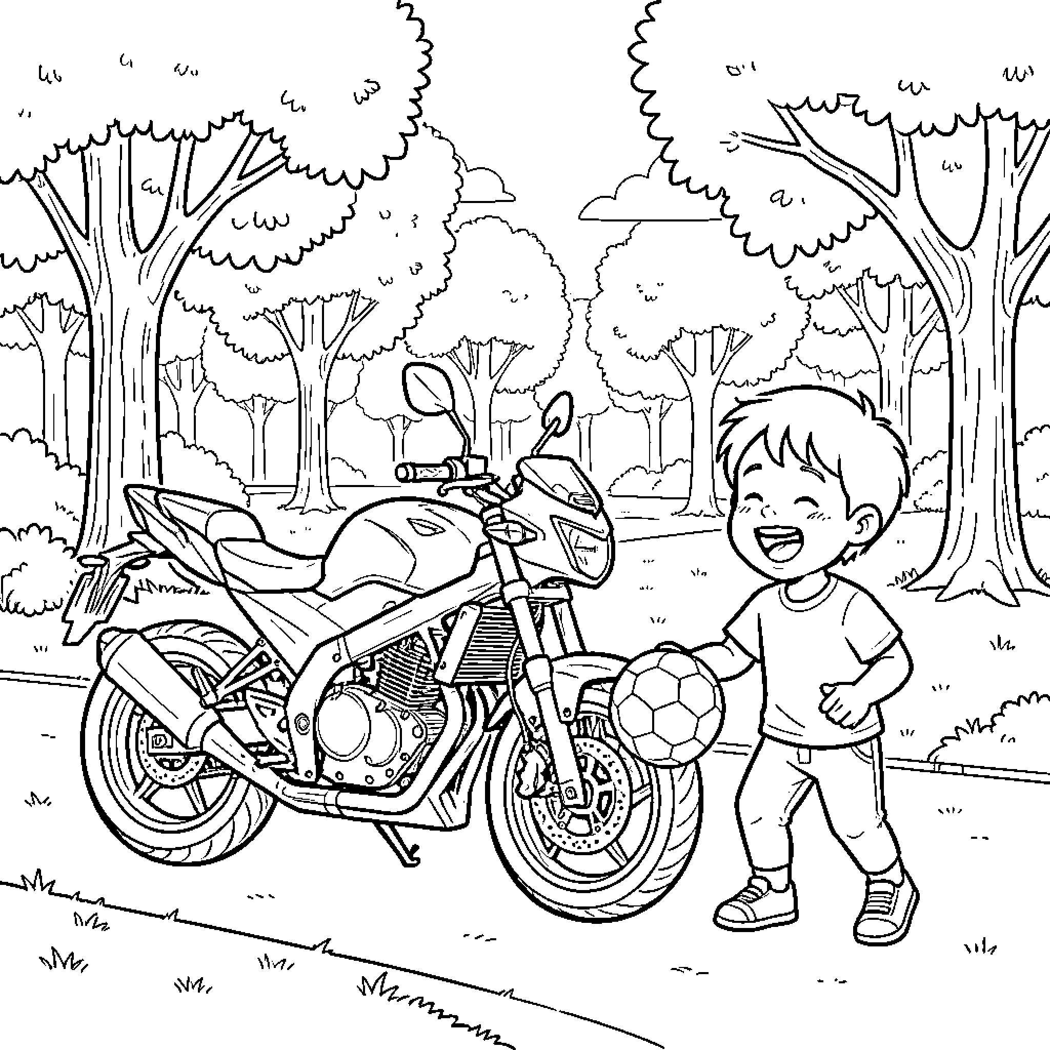 Motorcycle parked in a park near a happy child Coloring Page (free black-and-white line drawing printable PDF for all, from beginners to advanced learners, including children, teens, adults, and seniors)