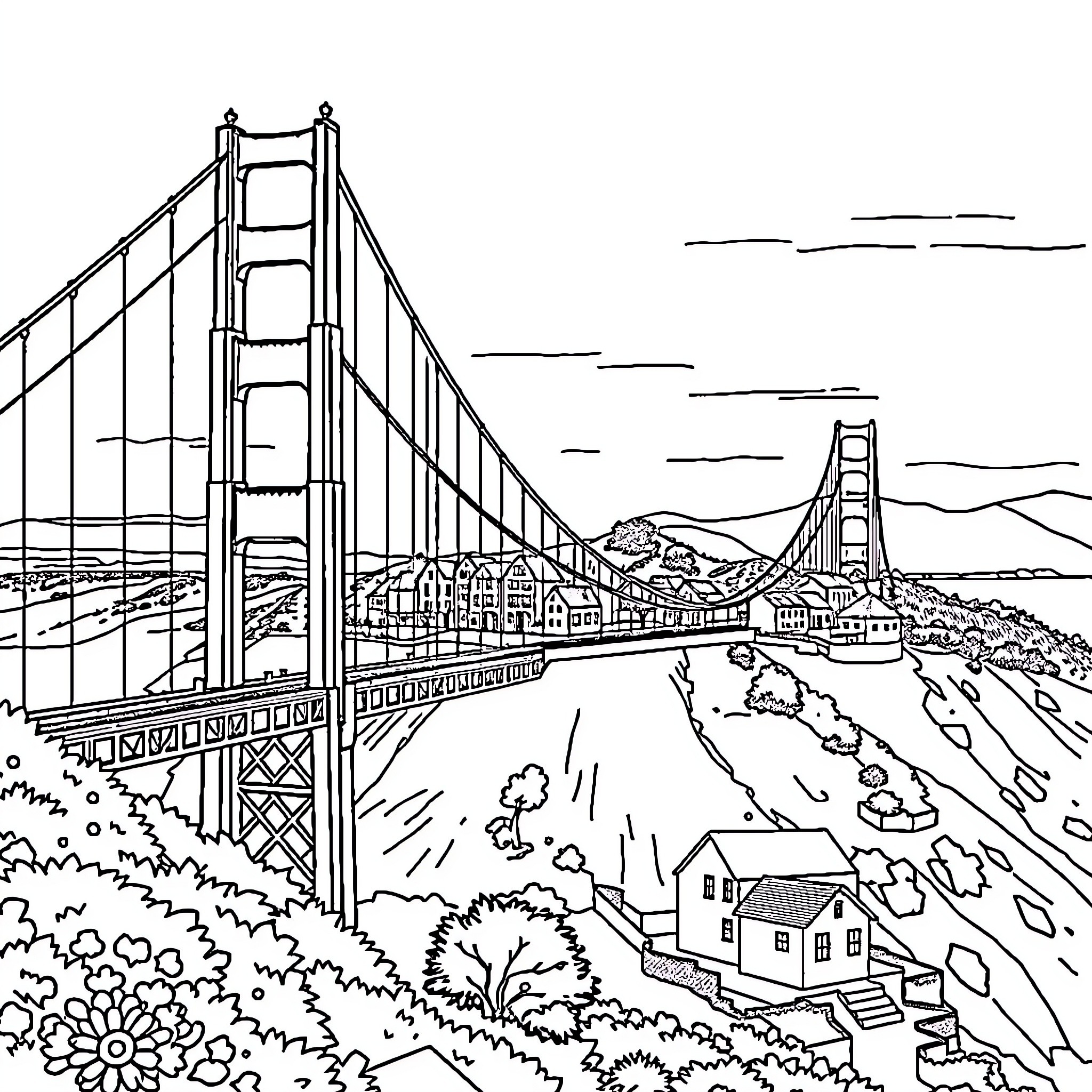 San Francisco's iconic Golden Gate Bridge and cityscape Coloring Page (free black-and-white line drawing printable PDF for all, from beginners to advanced learners, including children, teens, adults, and seniors)