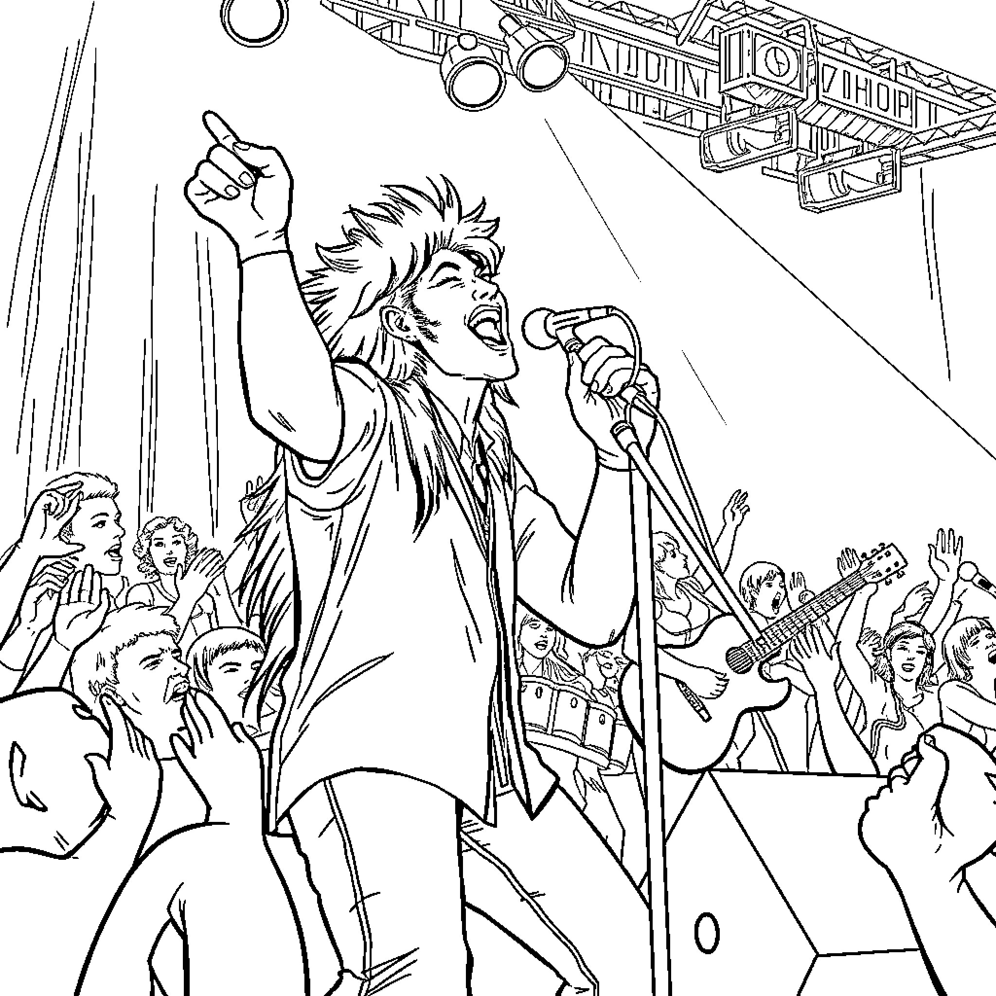 Huntrix rock star performs on stage with crowd Coloring Page (free black-and-white line drawing printable PDF for all, from beginners to advanced learners, including children, teens, adults, and seniors)