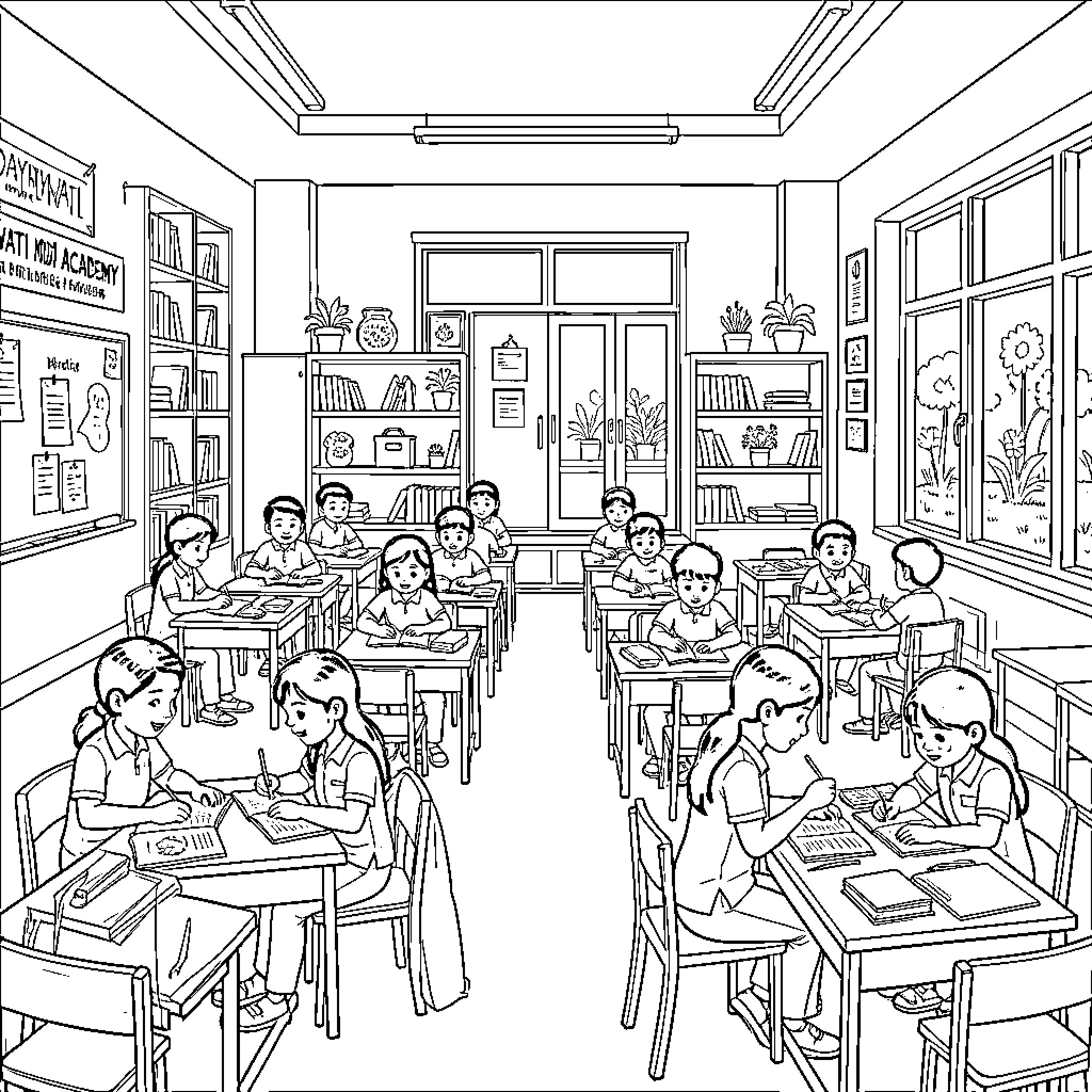 Daywati Modi Academy students studying attentively at their desks Coloring Page (free black-and-white line drawing printable PDF for all, from beginners to advanced learners, including children, teens, adults, and seniors)