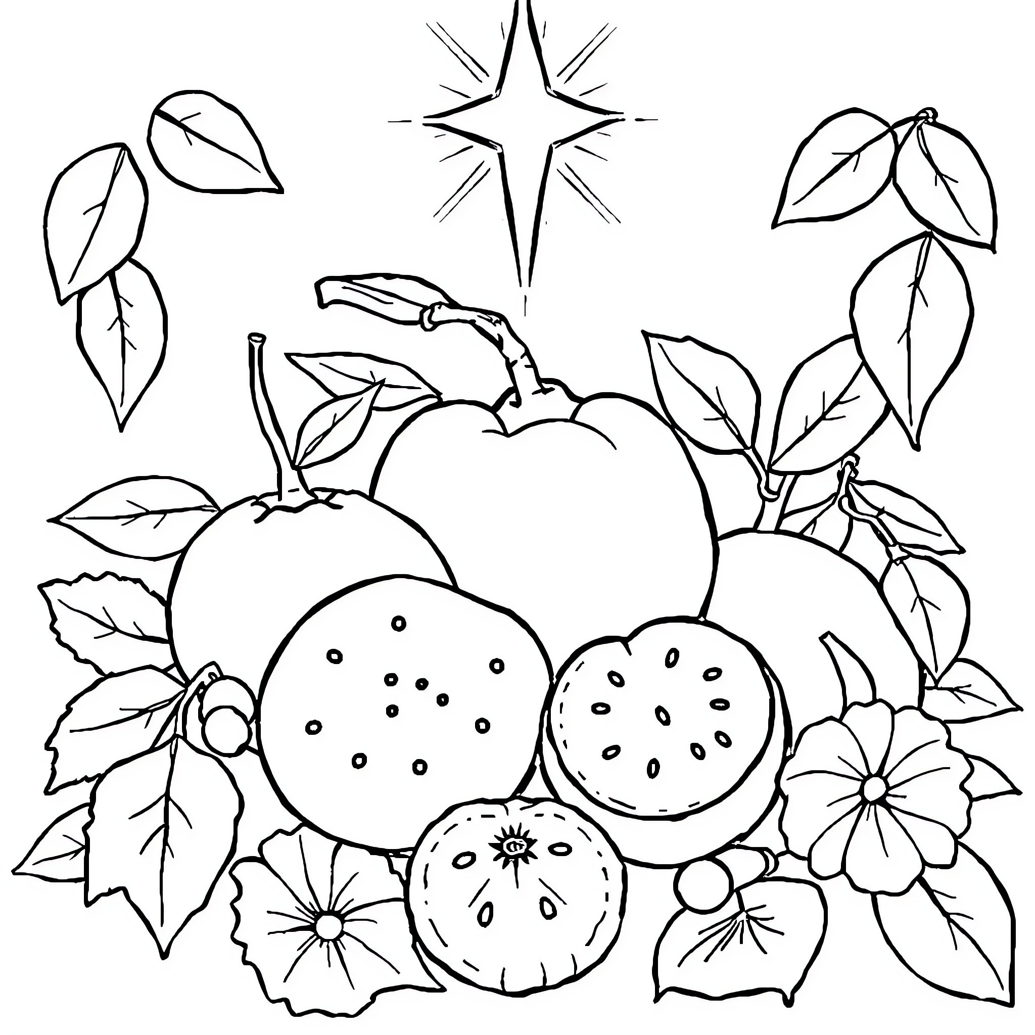 Fruit surrounded by stylized leaves and flowers Coloring Page (free black-and-white line drawing printable PDF for all, from beginners to advanced learners, including children, teens, adults, and seniors)