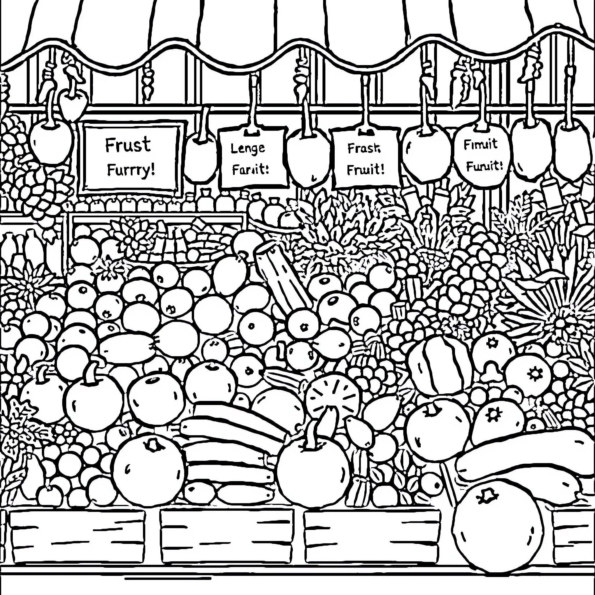 Fruit and Vegetable Market Scene Coloring Page (free black-and-white line drawing printable PDF for all, from beginners to advanced learners, including children, teens, adults, and seniors)