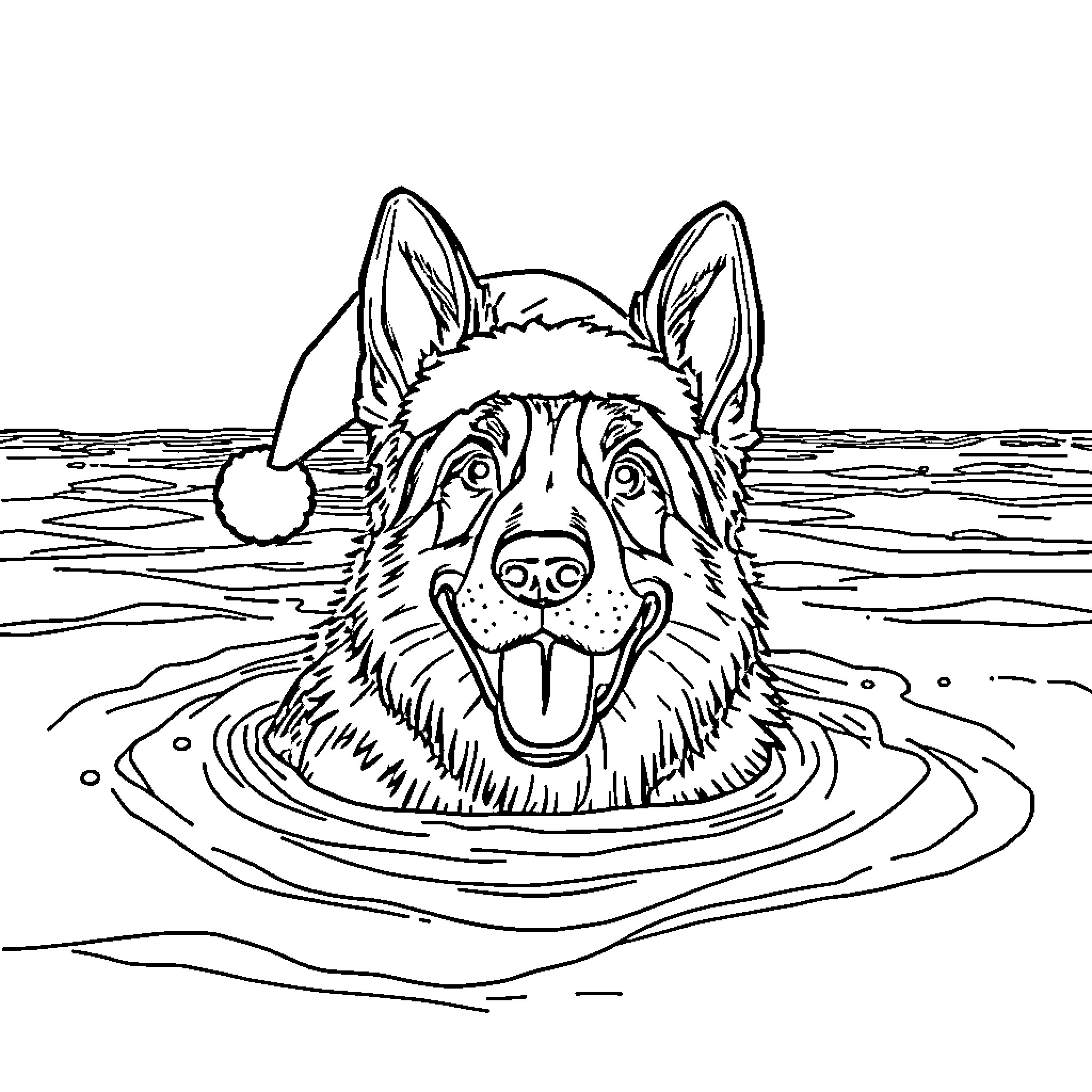 German Shepherd Happily Swimming in the Water Coloring Page (free black-and-white line drawing printable PDF for all, from beginners to advanced learners, including children, teens, adults, and seniors)