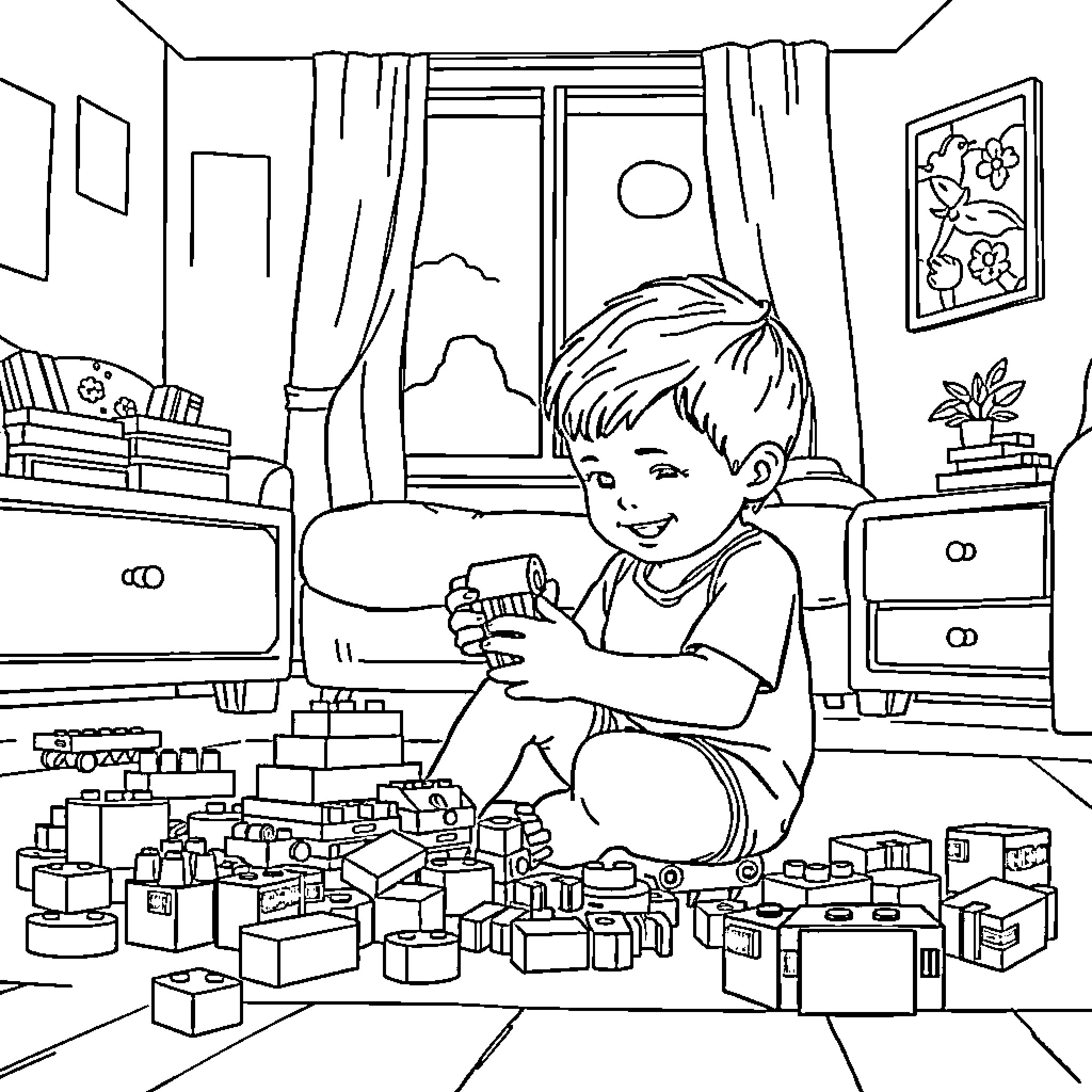 Boy playing joyfully with building blocks in his room Coloring Page (free black-and-white line drawing printable PDF for all, from beginners to advanced learners, including children, teens, adults, and seniors)